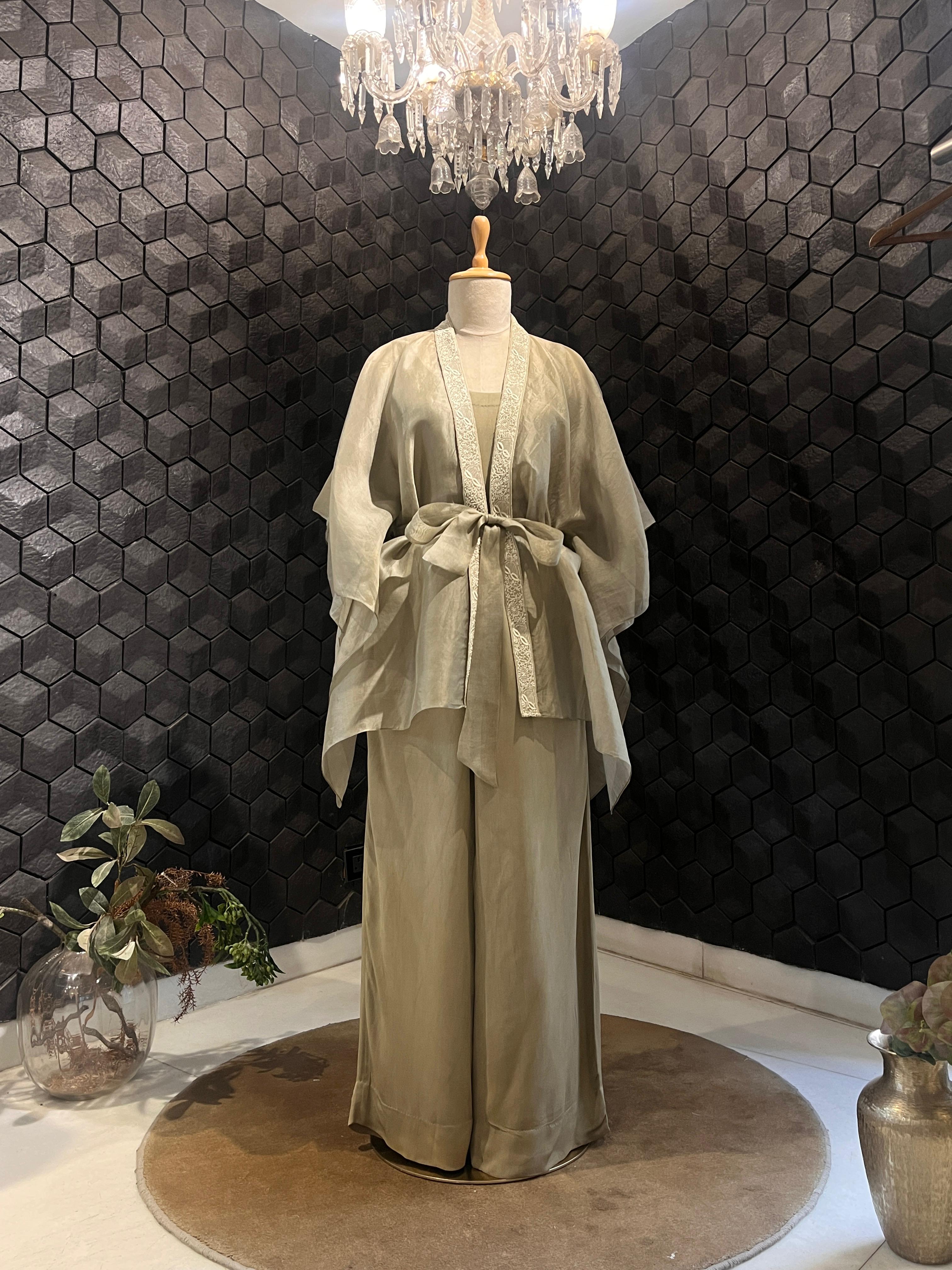 Green organza chikankari cape set