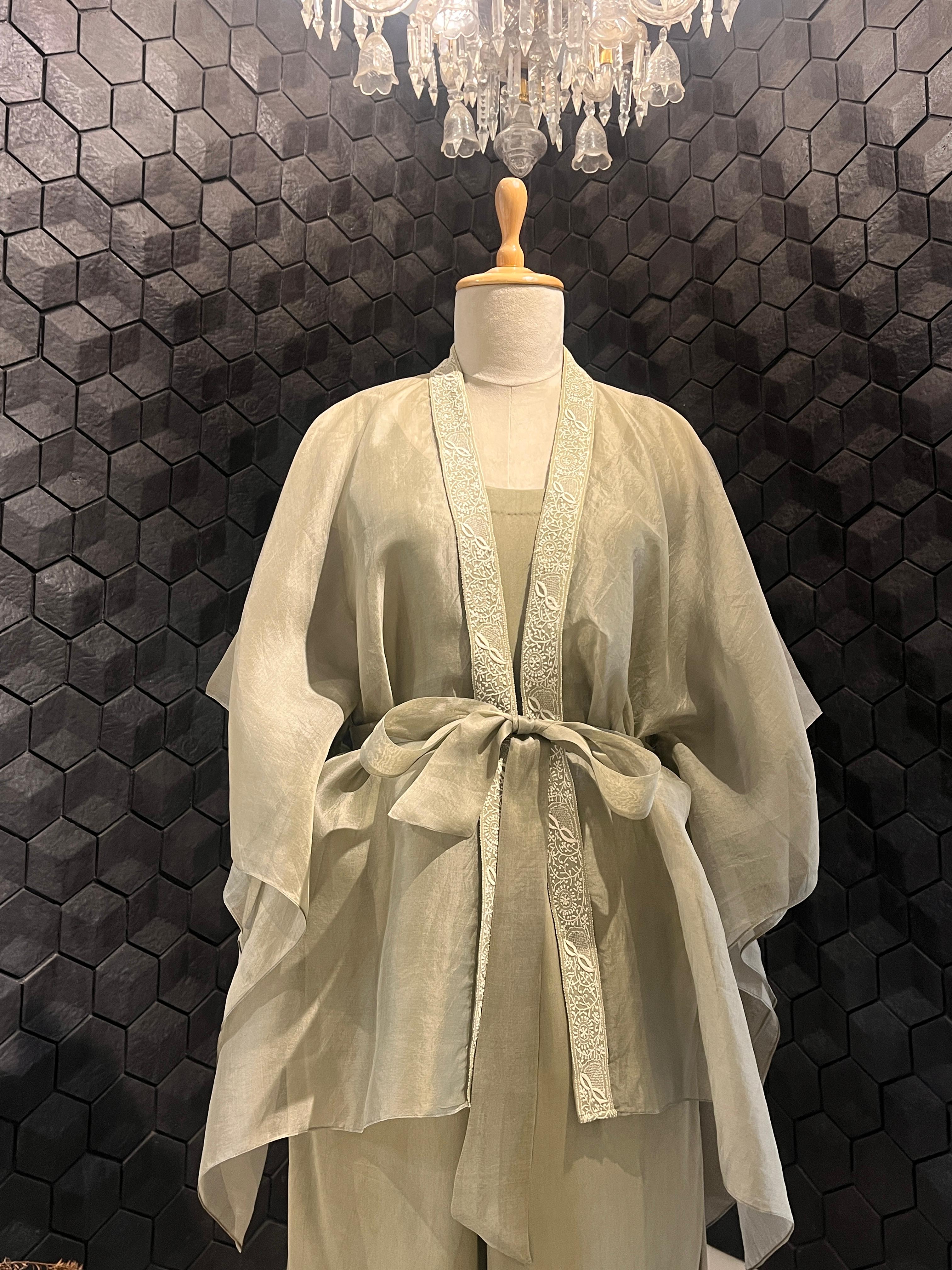 Green organza chikankari cape set