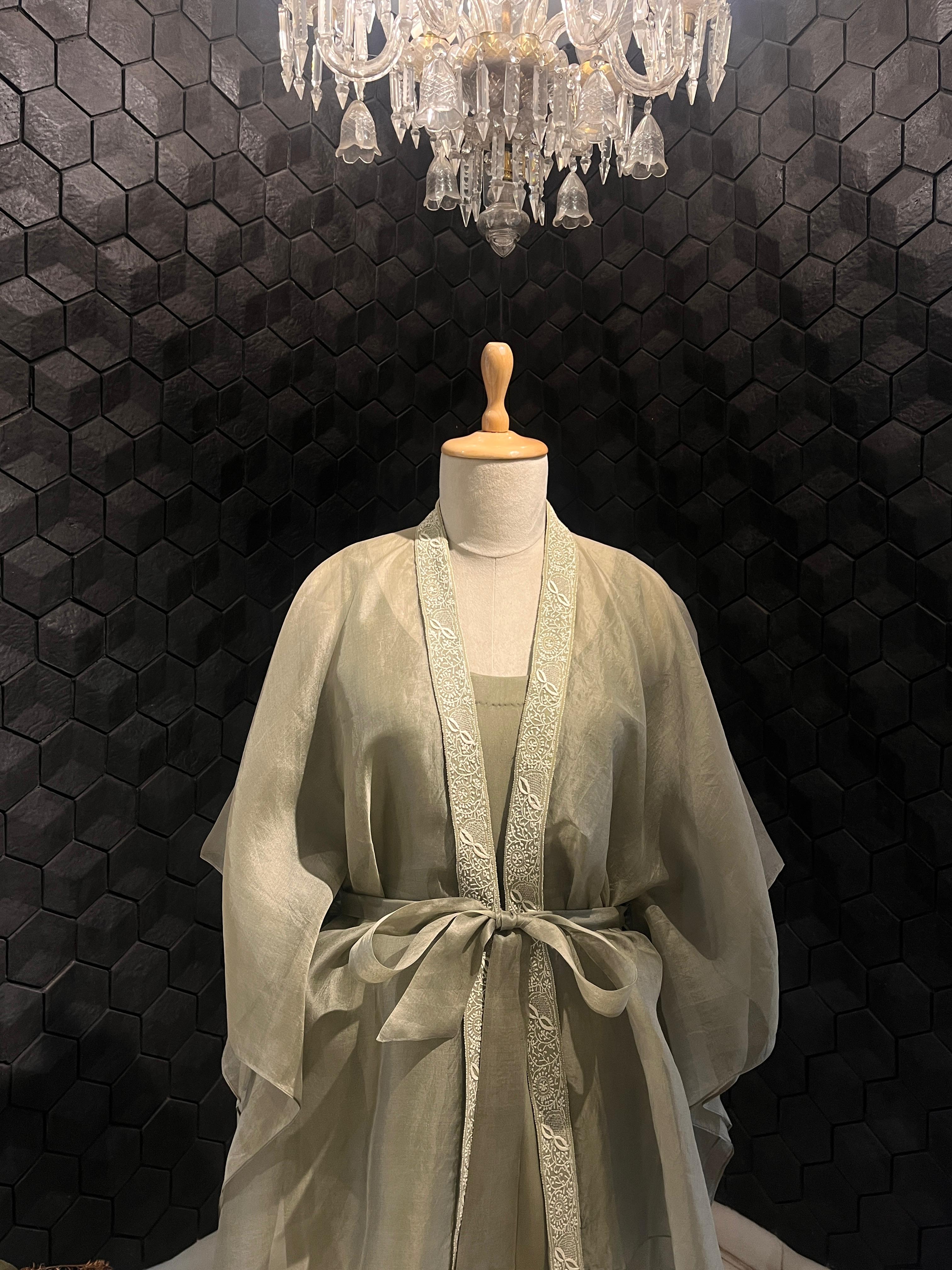 Green organza chikankari cape set