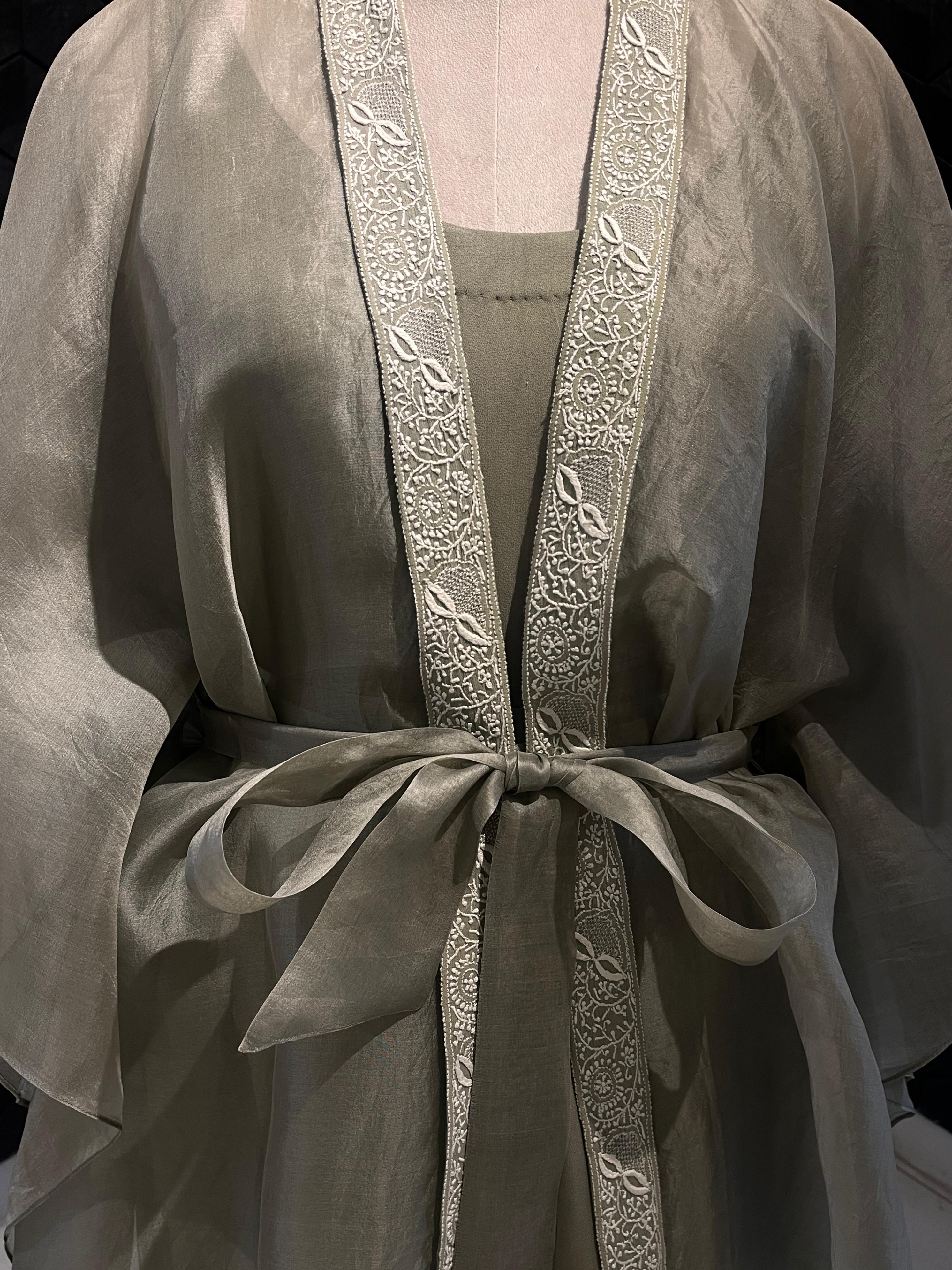 Green organza chikankari cape set