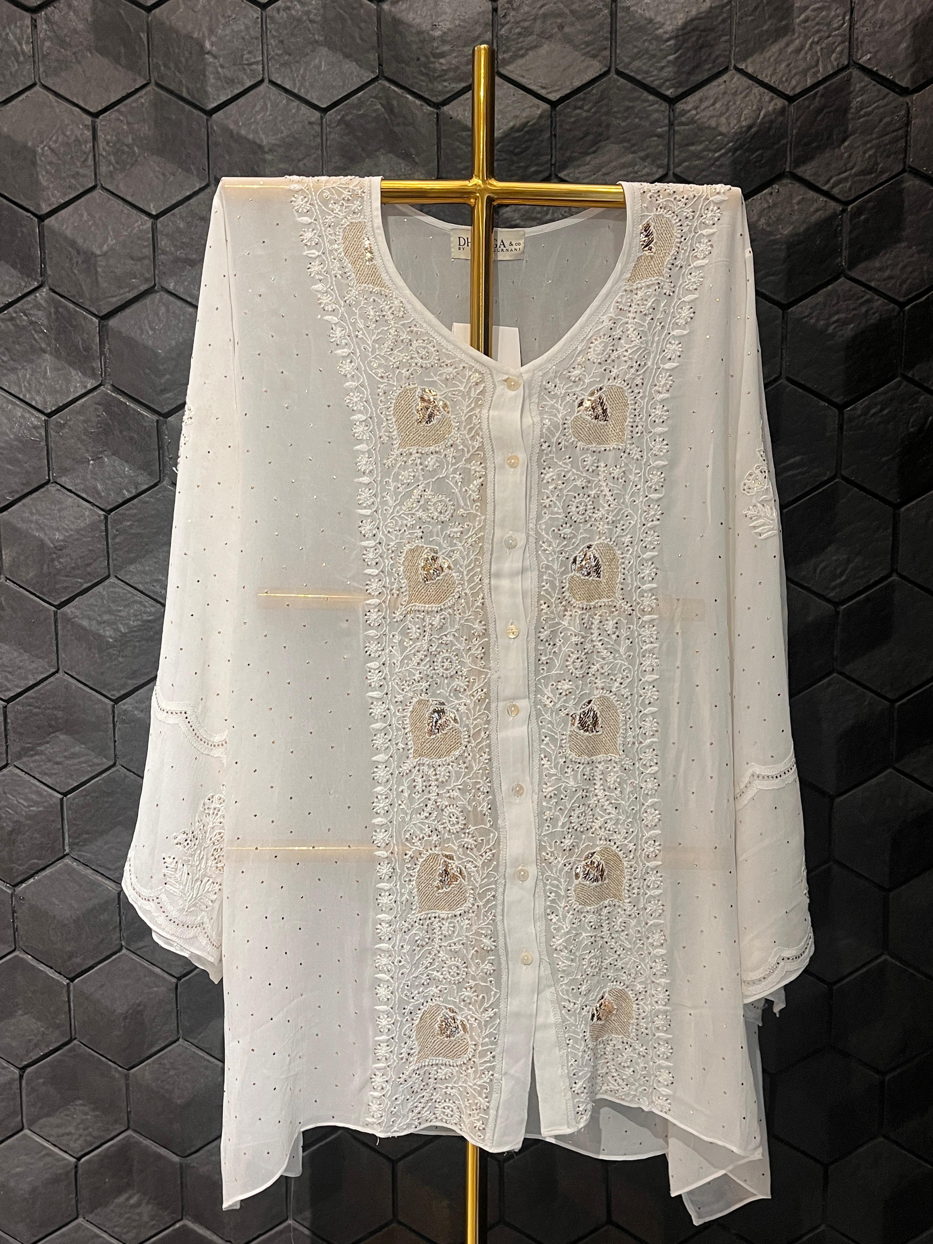 White Georgette Mukaish Chikankari Co-ord set