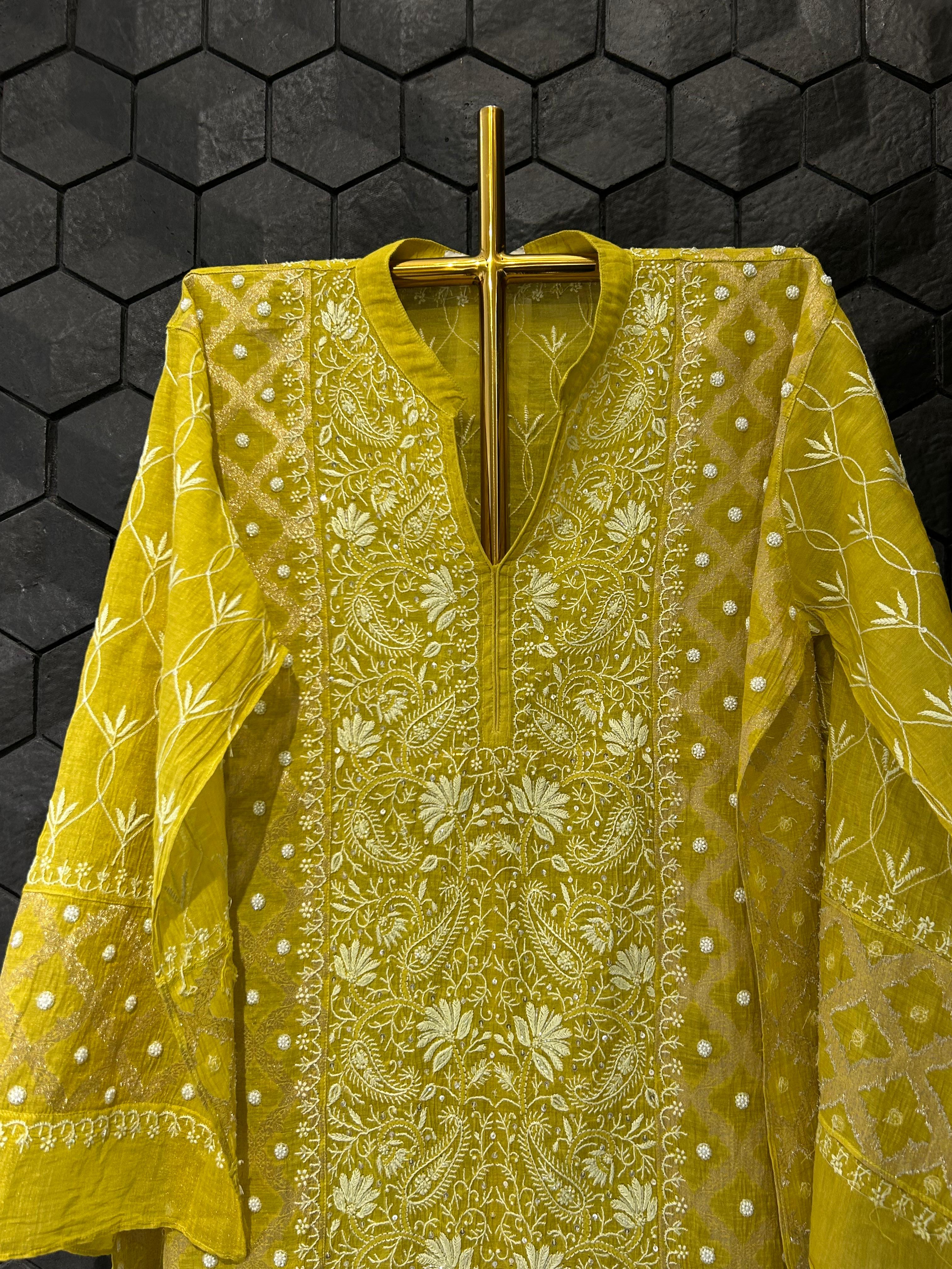 green tissue chikankari co-ord set