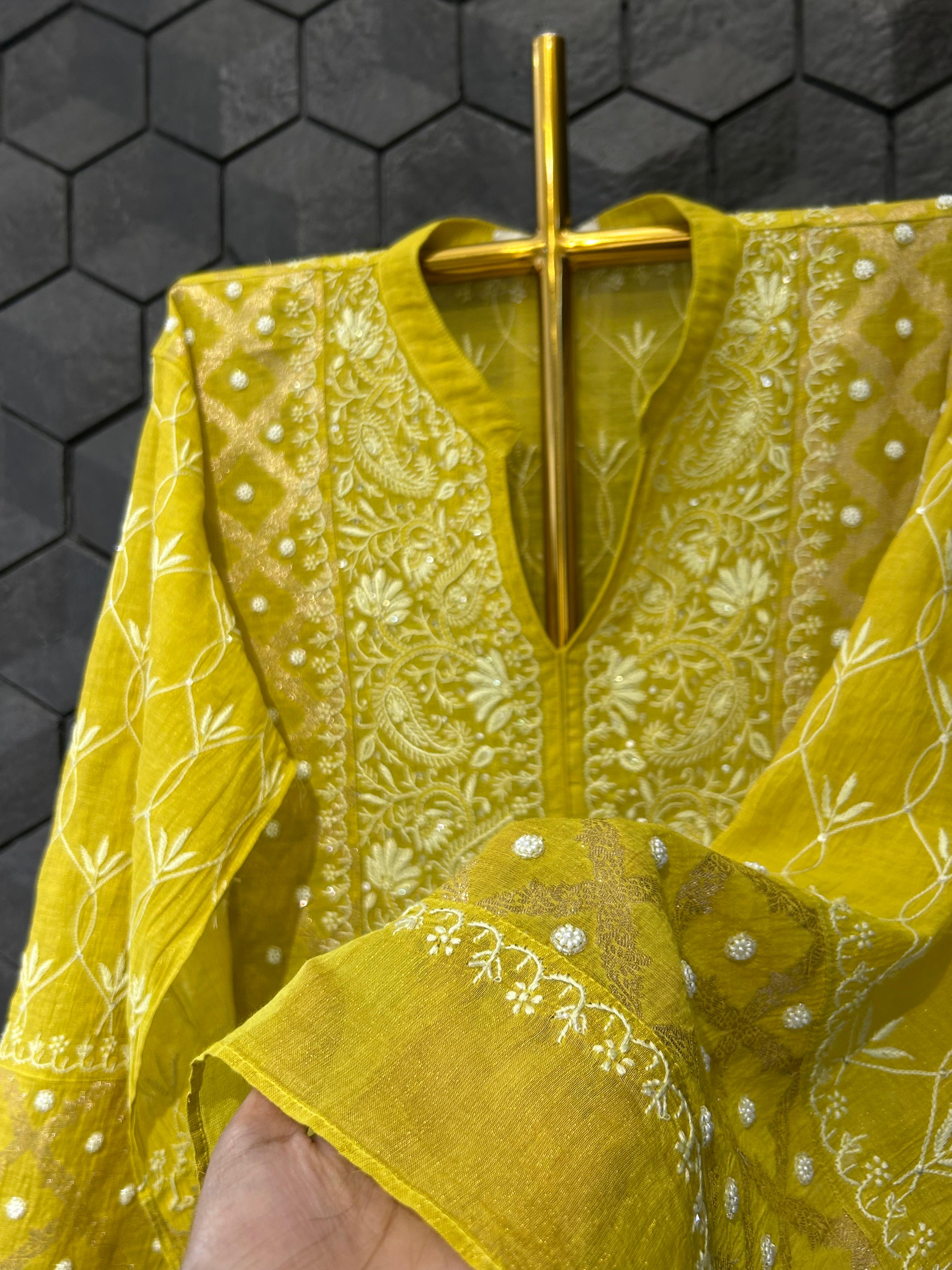 green tissue chikankari co-ord set