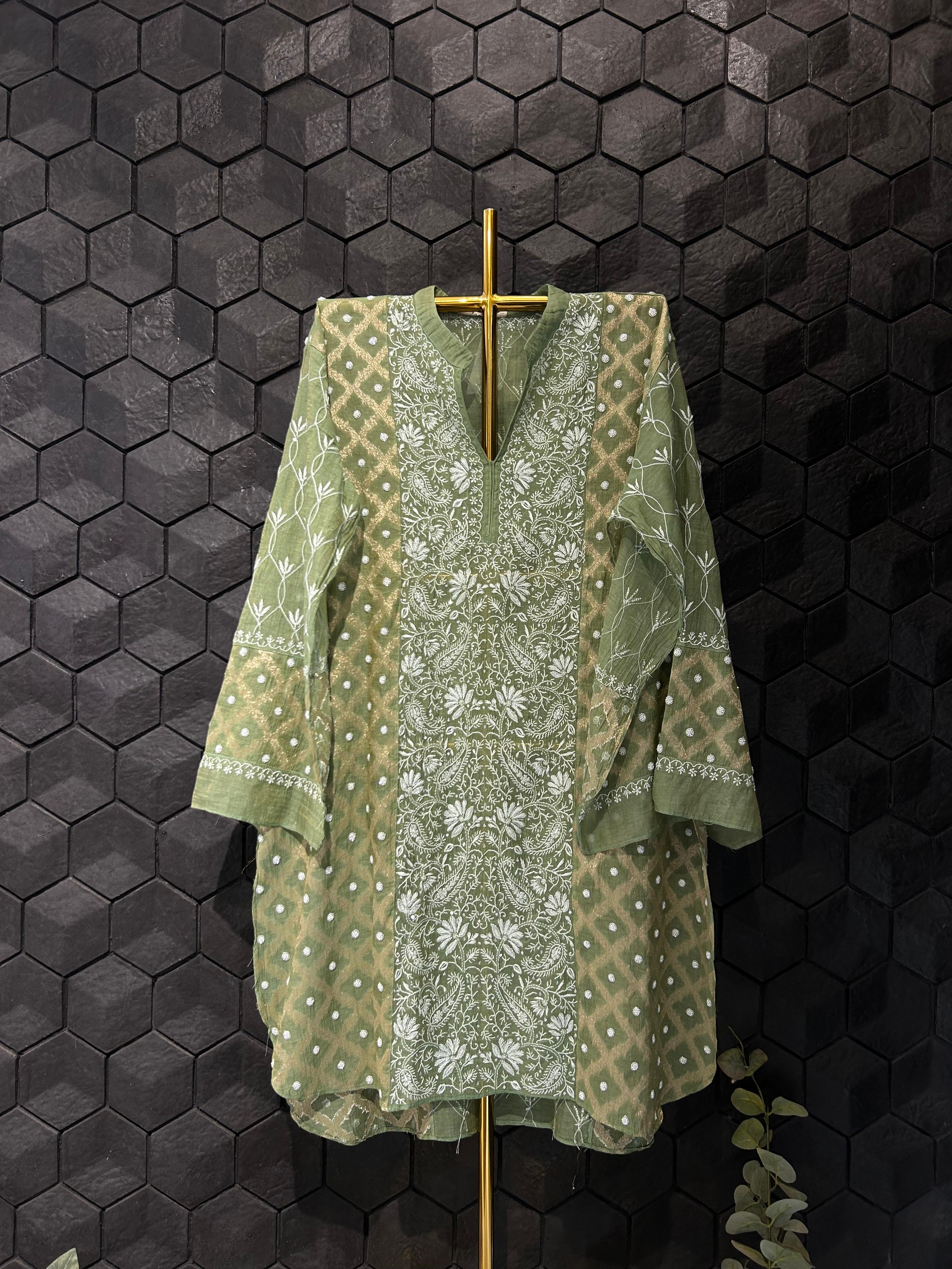 Dark green tissue chikankari co-ord set