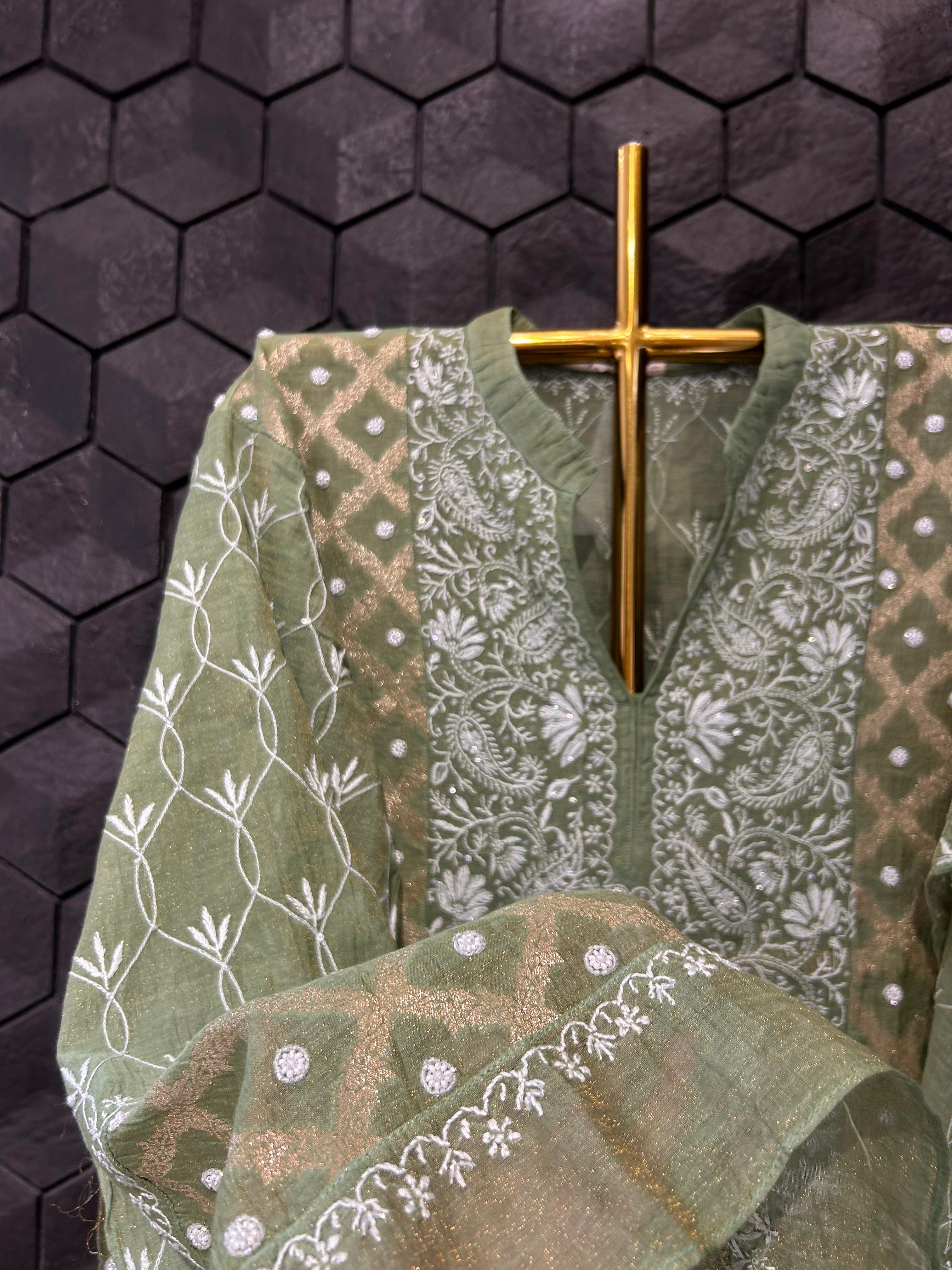 Dark green tissue chikankari co-ord set