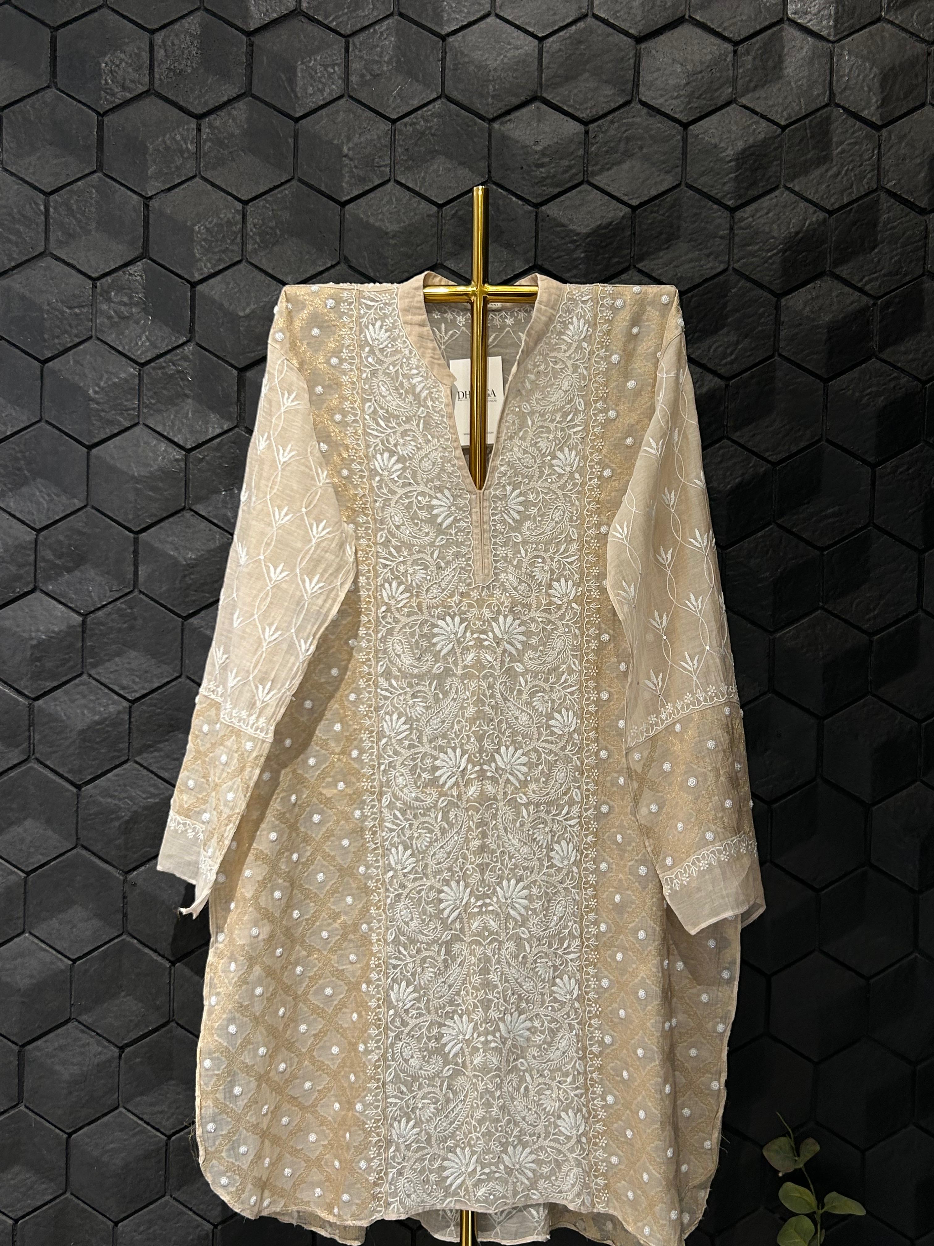 Beige tissue chikankari co-ord set