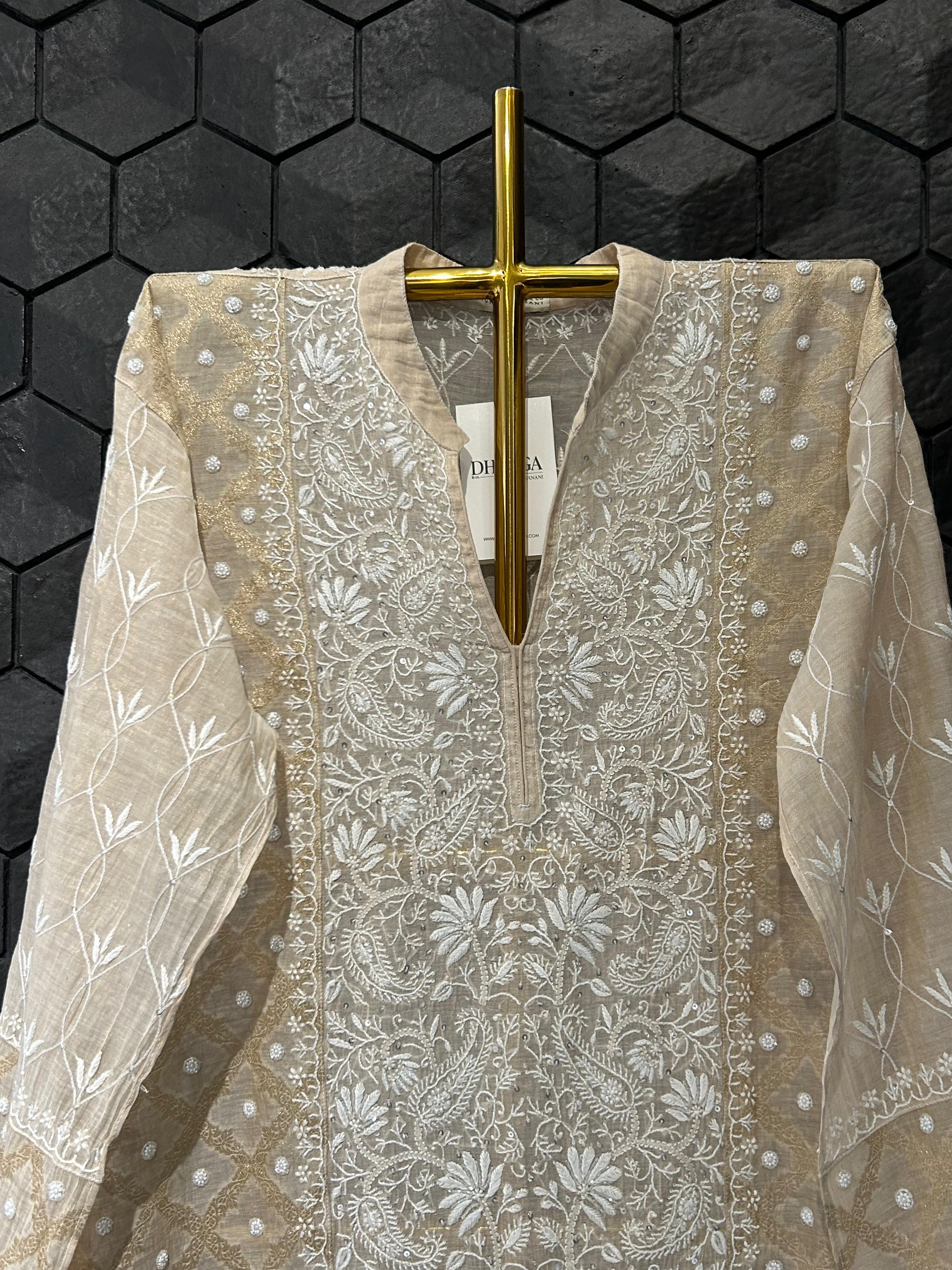 Beige tissue chikankari co-ord set