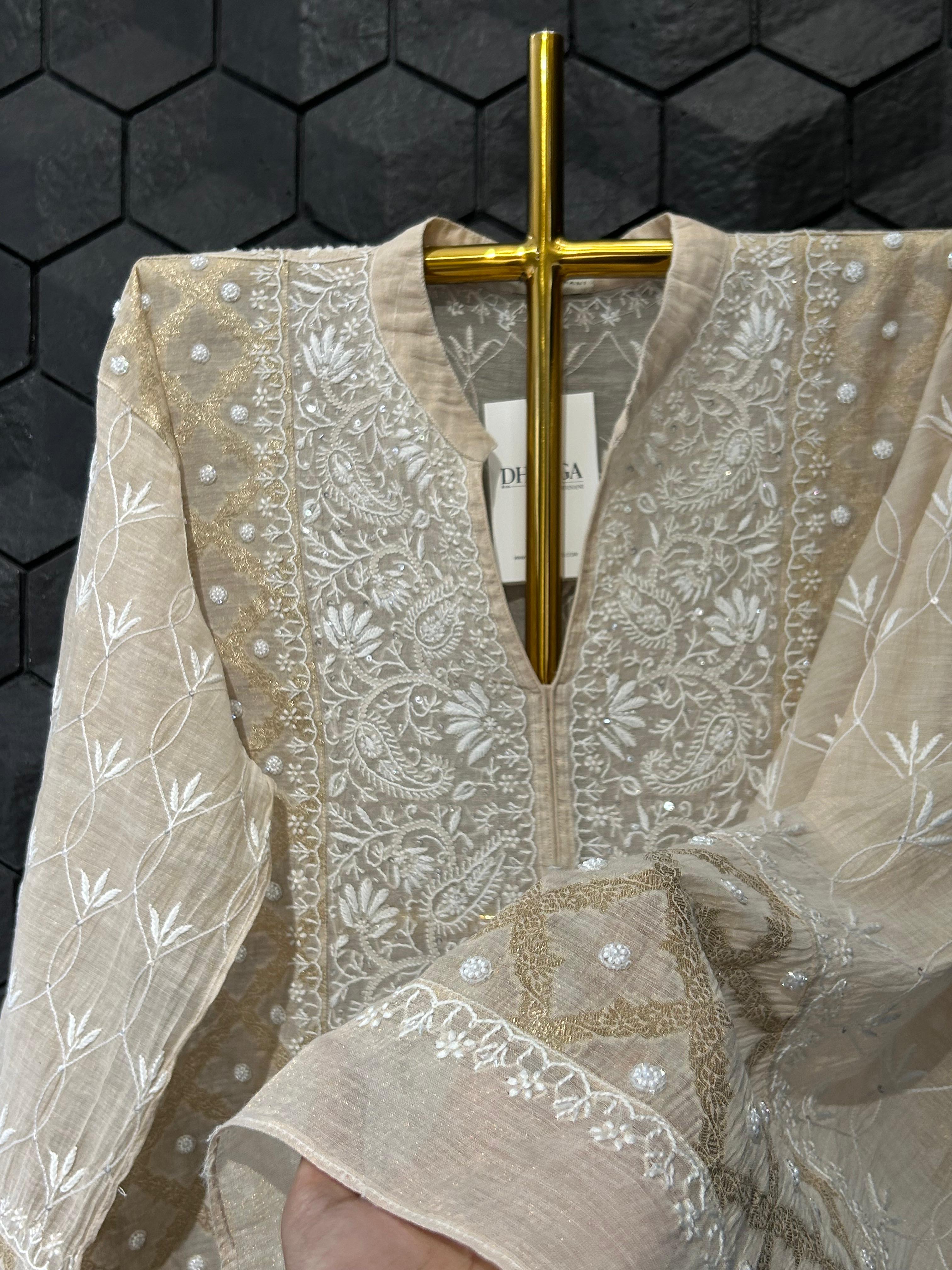 Beige tissue chikankari co-ord set