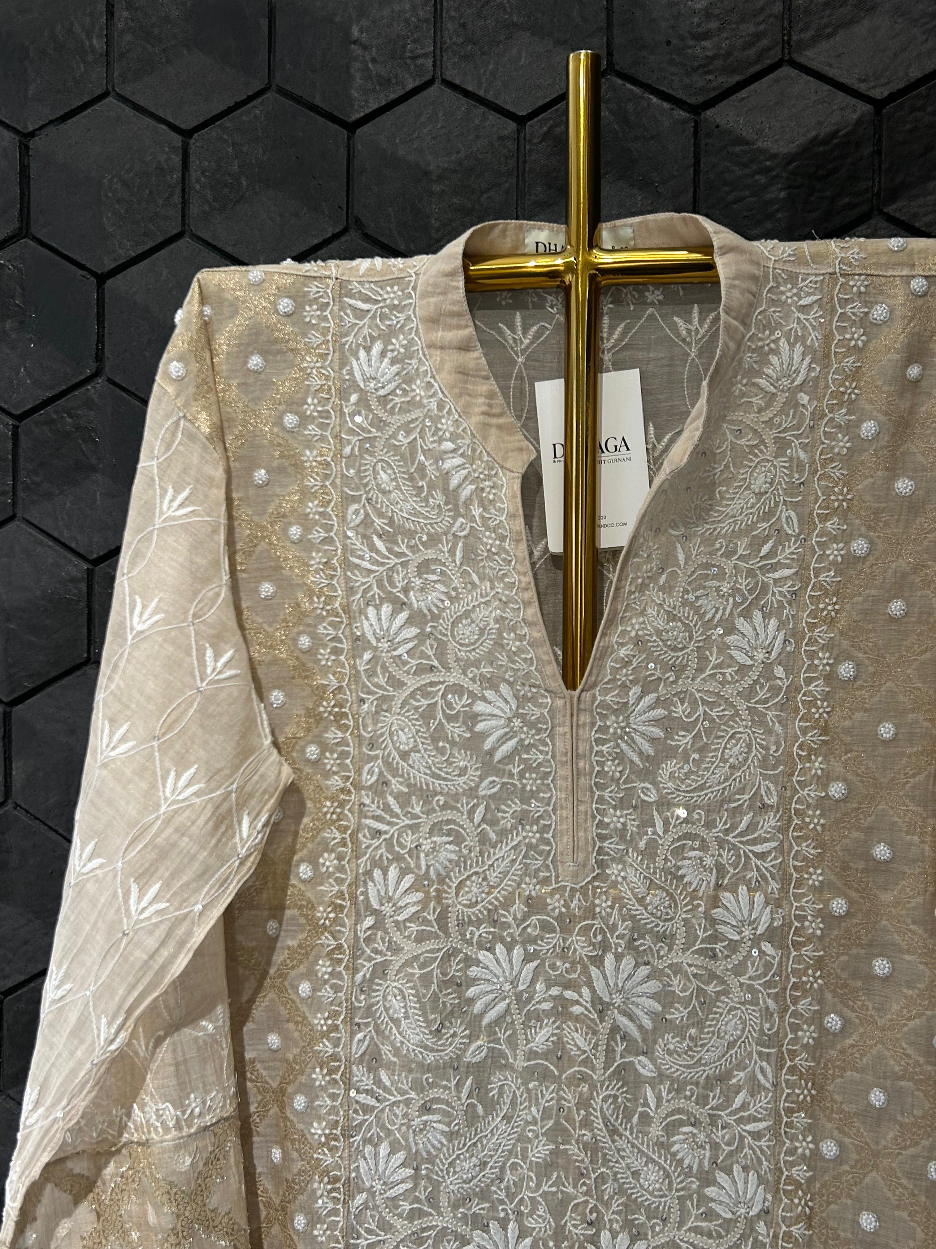 Beige tissue chikankari co-ord set