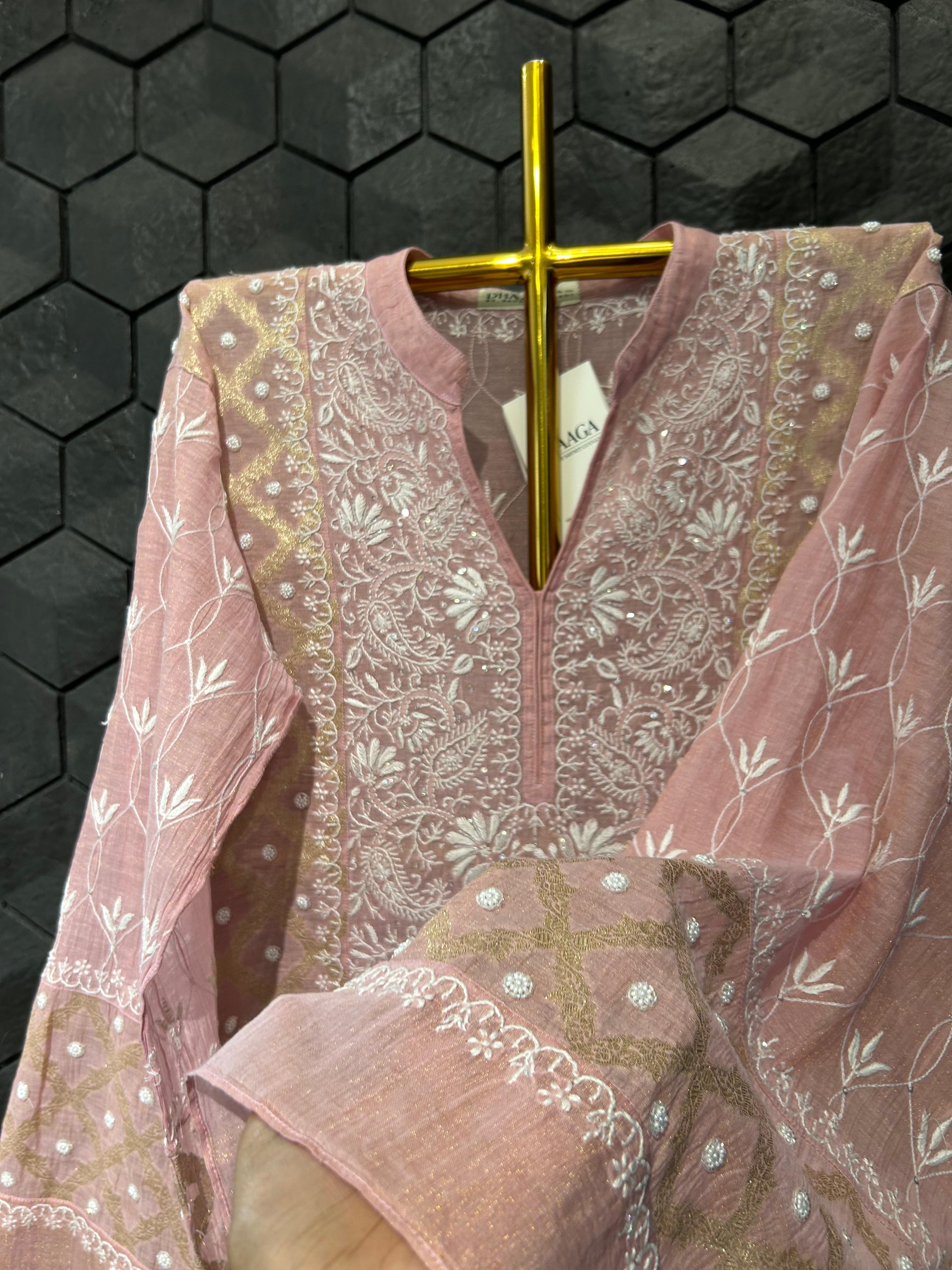 Pink tissue chikankari co-ord set