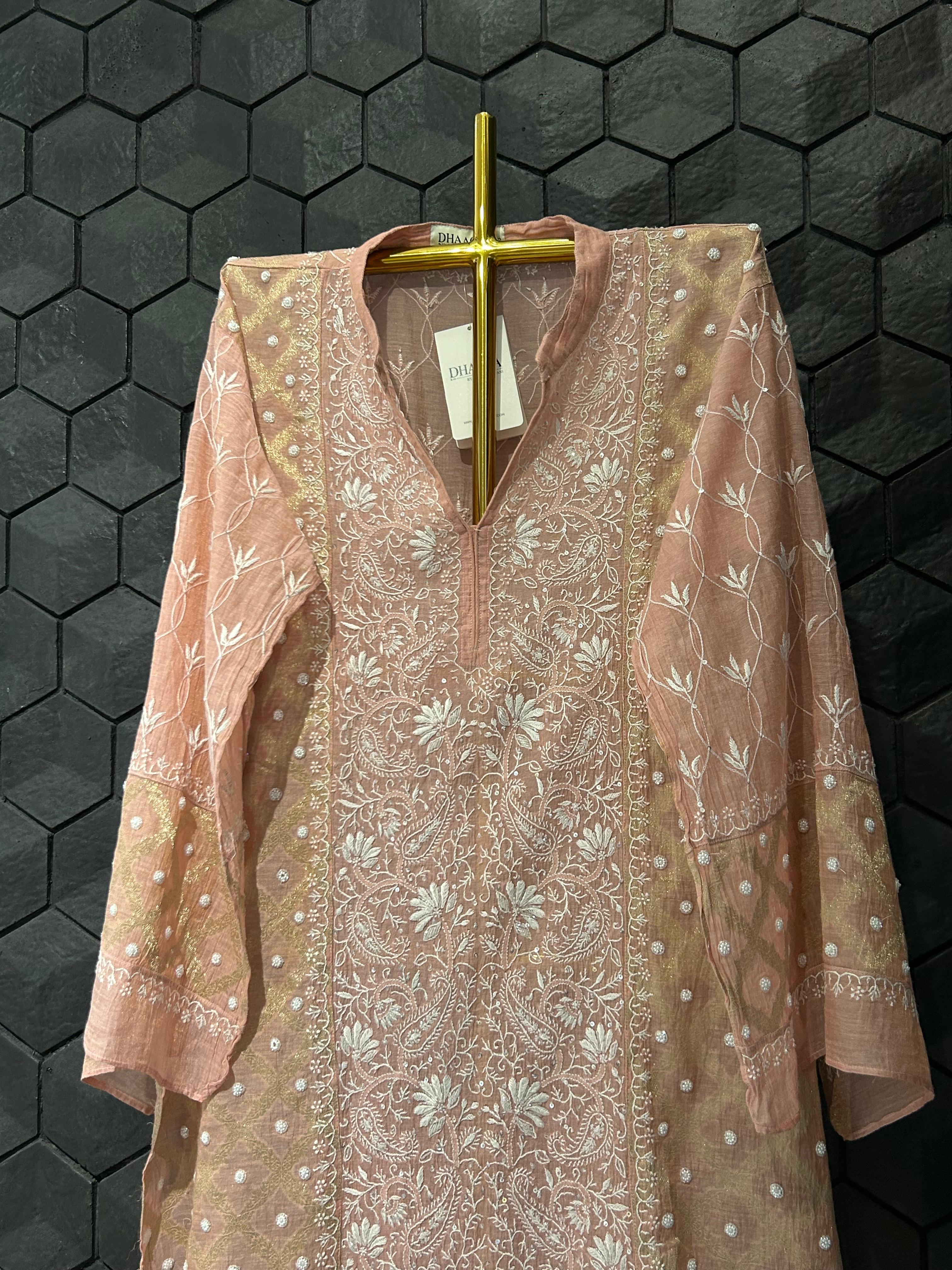 Peach tissue chikankari co-ord set