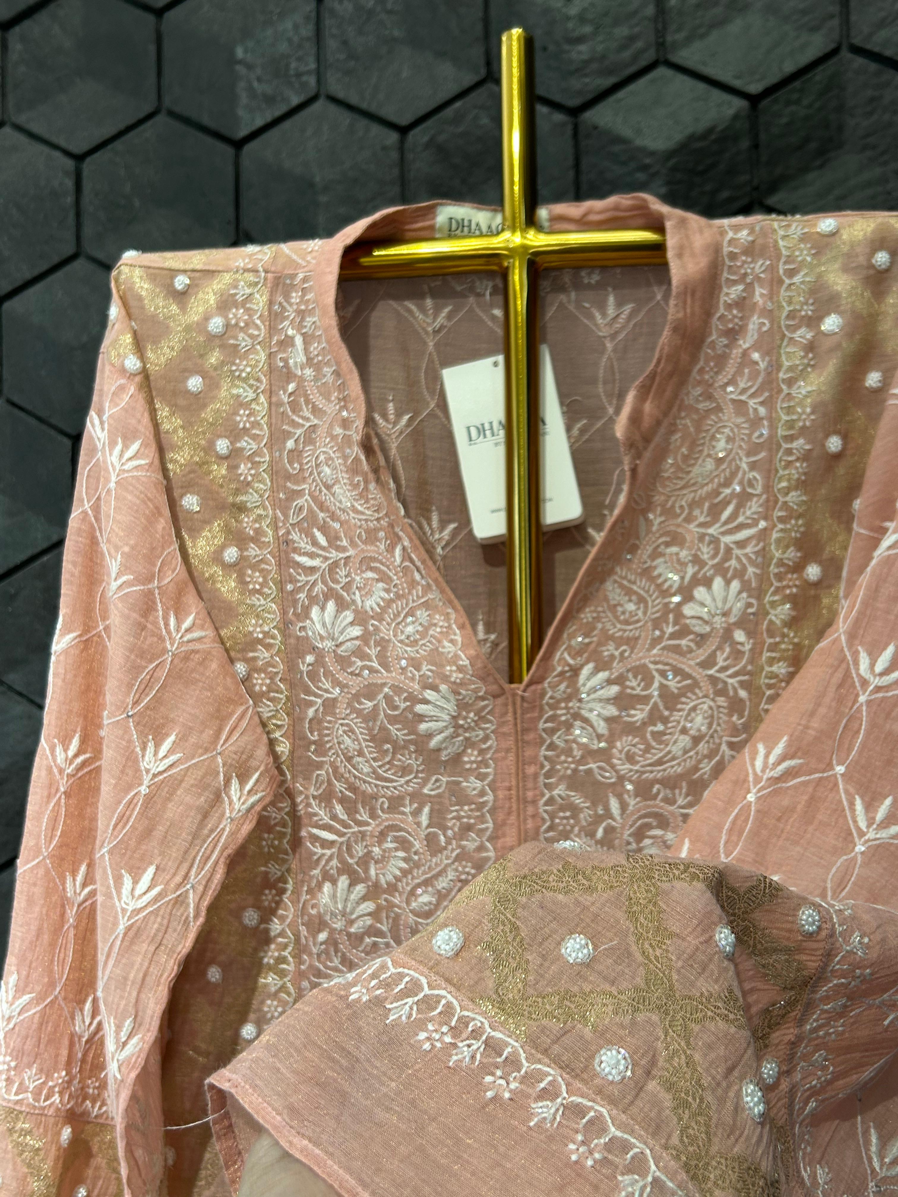 Peach tissue chikankari co-ord set
