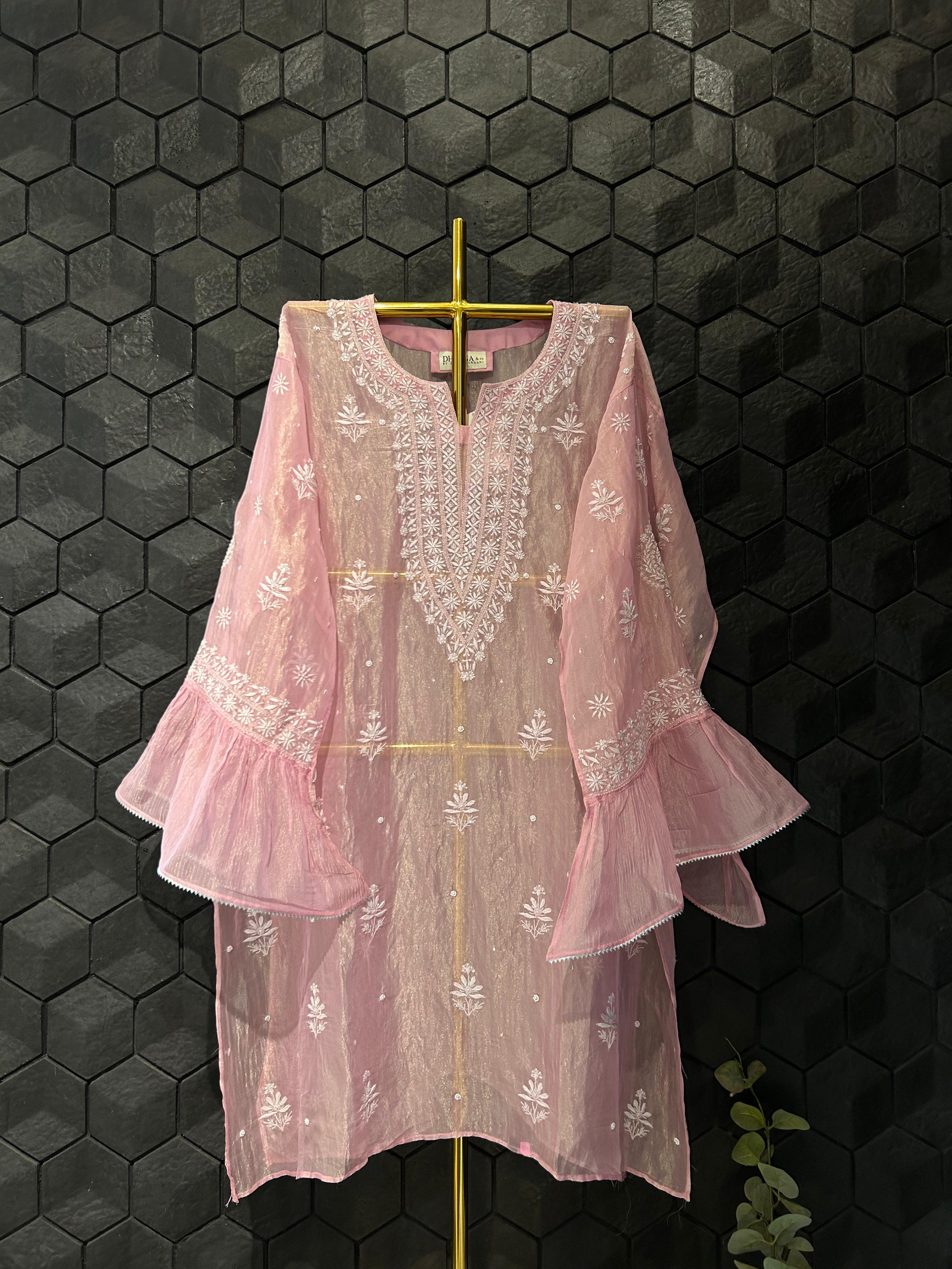 Pink Shimmer tissue chikankari co-ord set