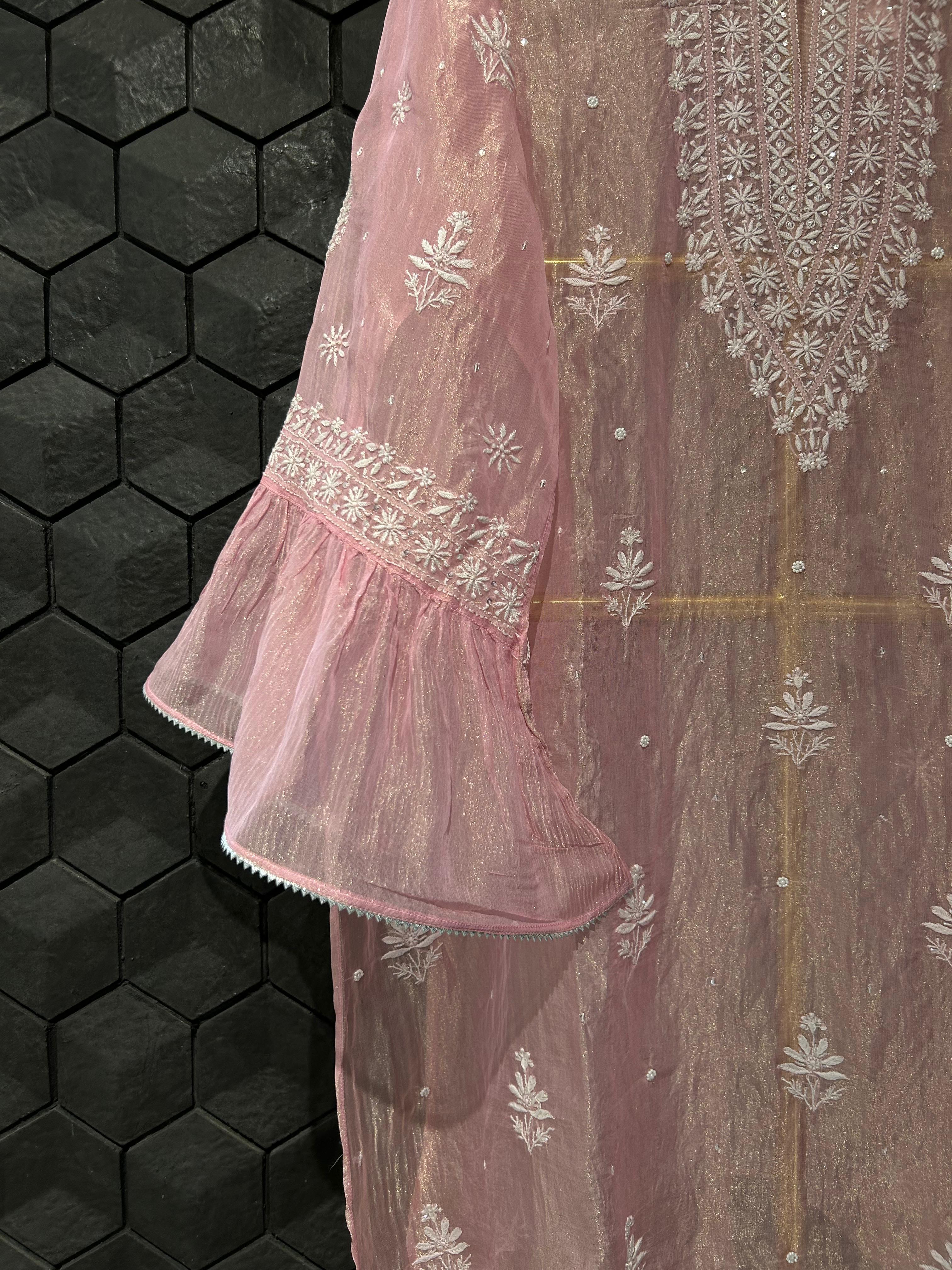 Pink Shimmer tissue chikankari co-ord set