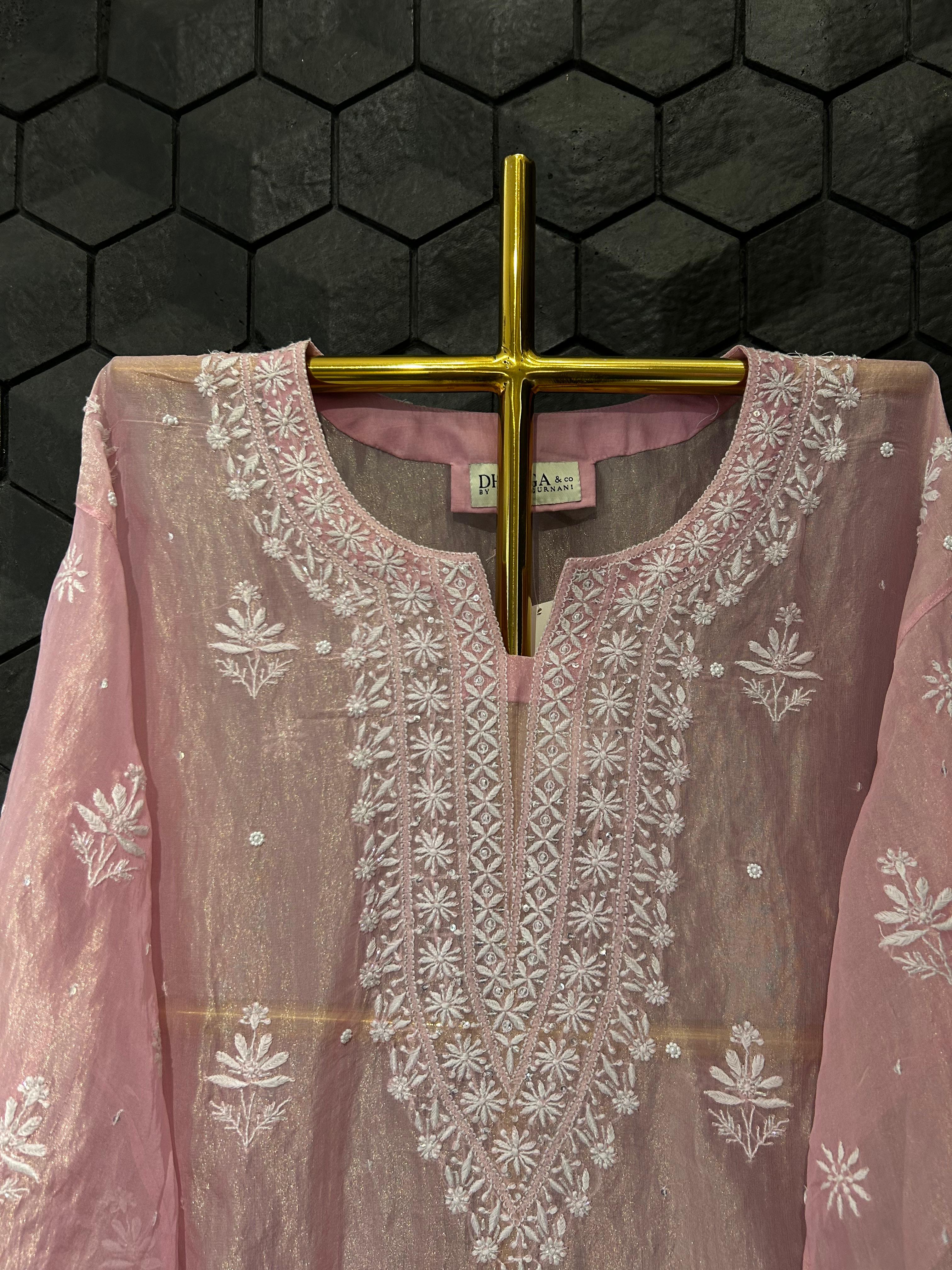 Pink Shimmer tissue chikankari co-ord set