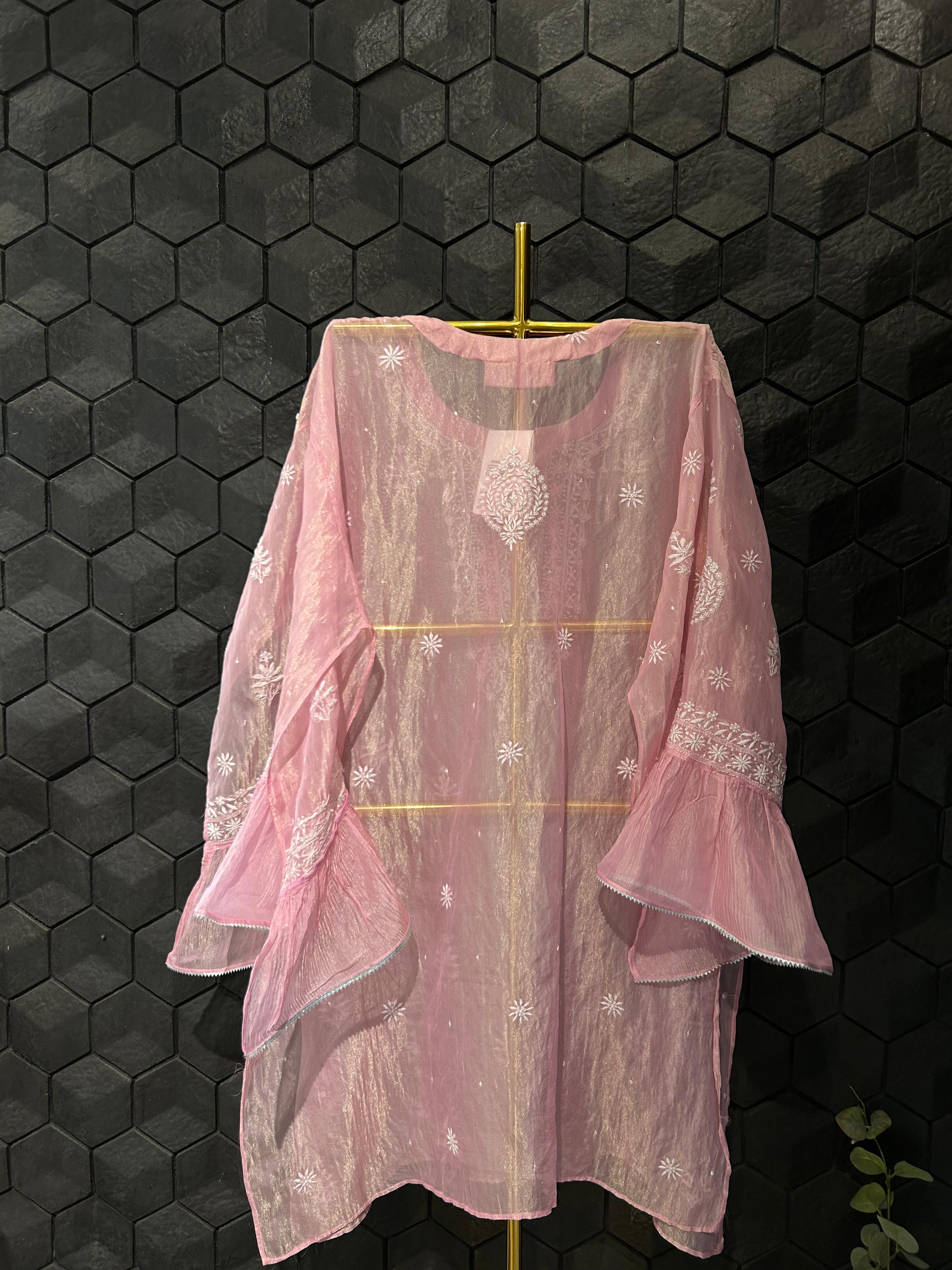 Pink Shimmer tissue chikankari co-ord set