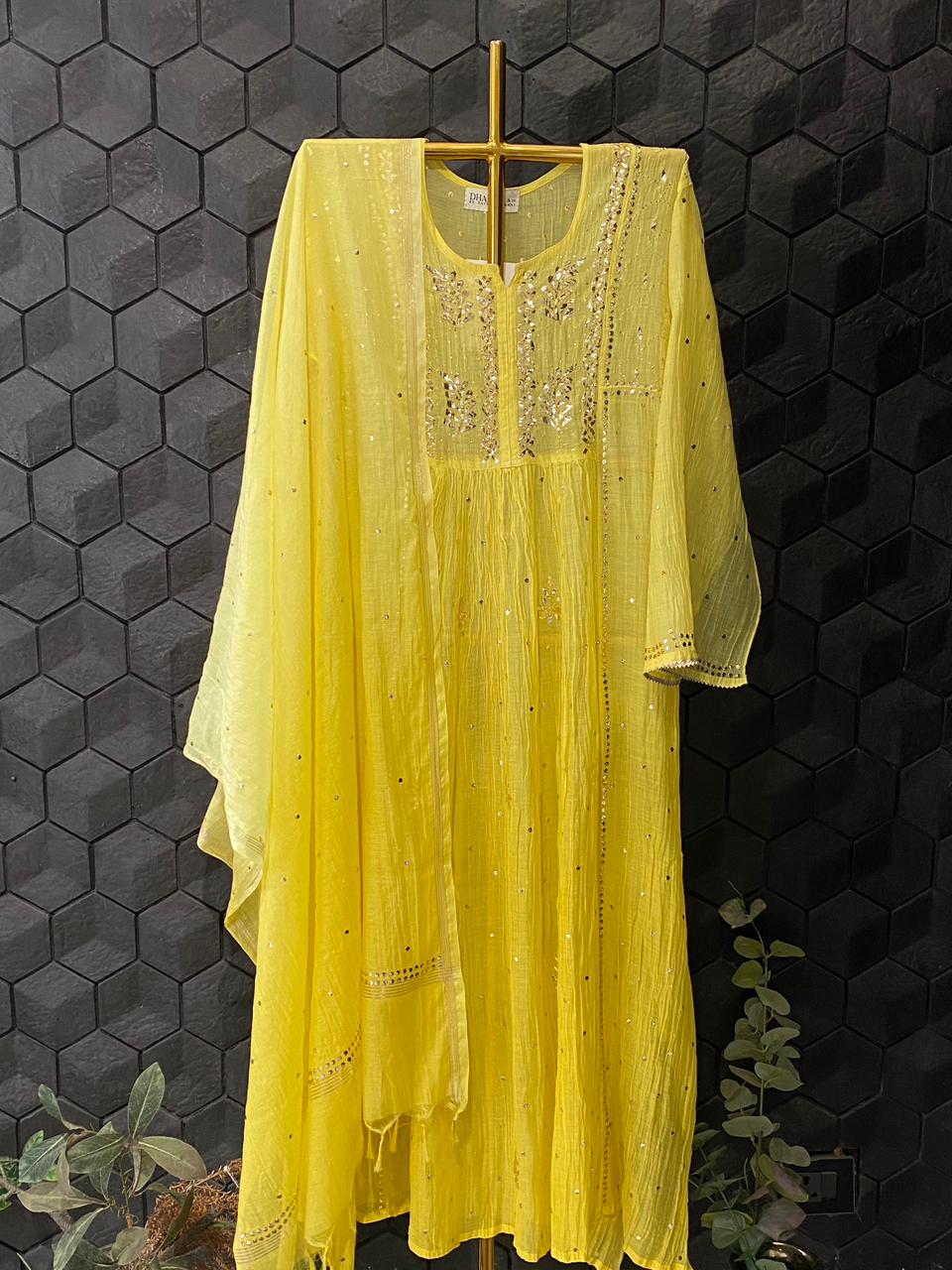 Lime yellow mul chanderi mukaish kurta set