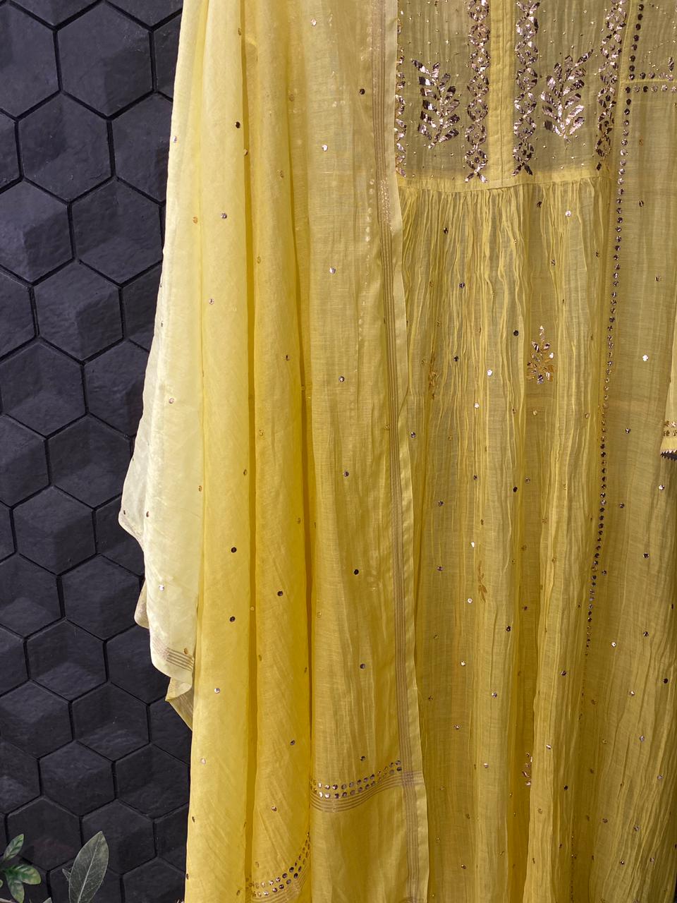 Lime yellow mul chanderi mukaish kurta set