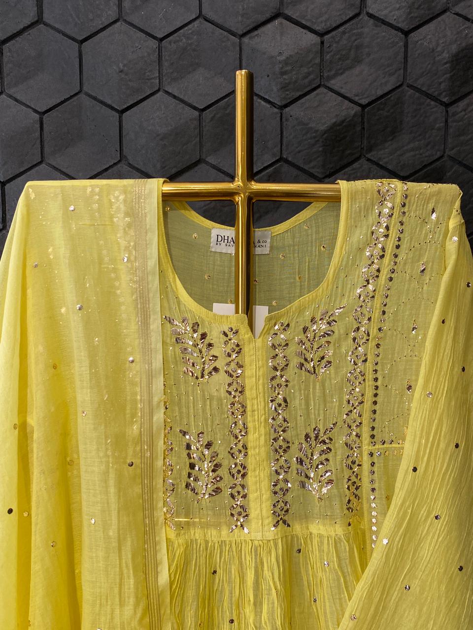 Lime yellow mul chanderi mukaish kurta set
