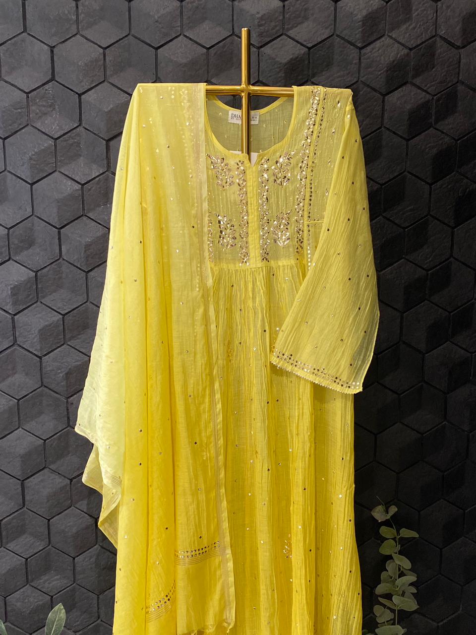 Lime yellow mul chanderi mukaish kurta set