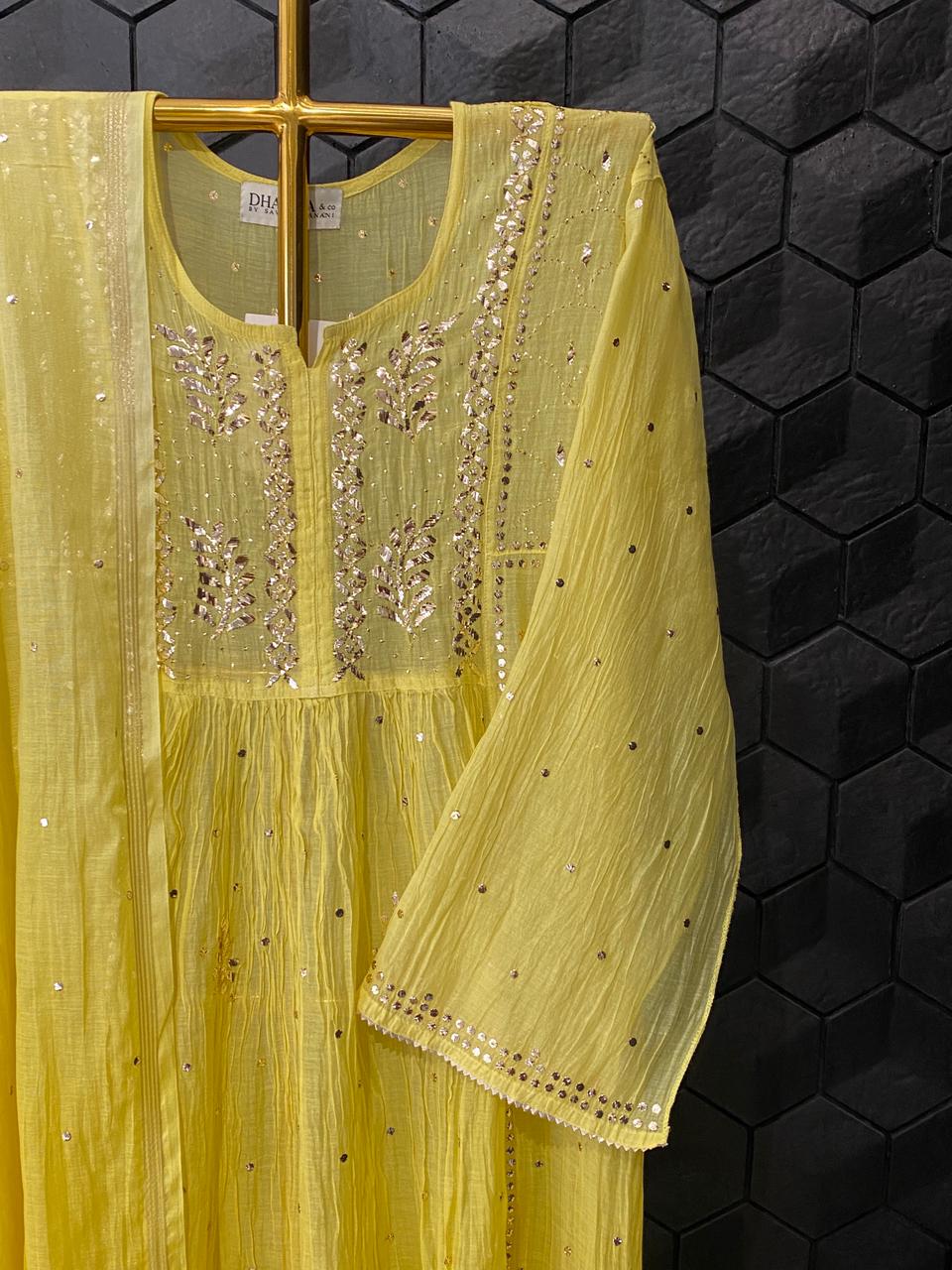 Lime yellow mul chanderi mukaish kurta set
