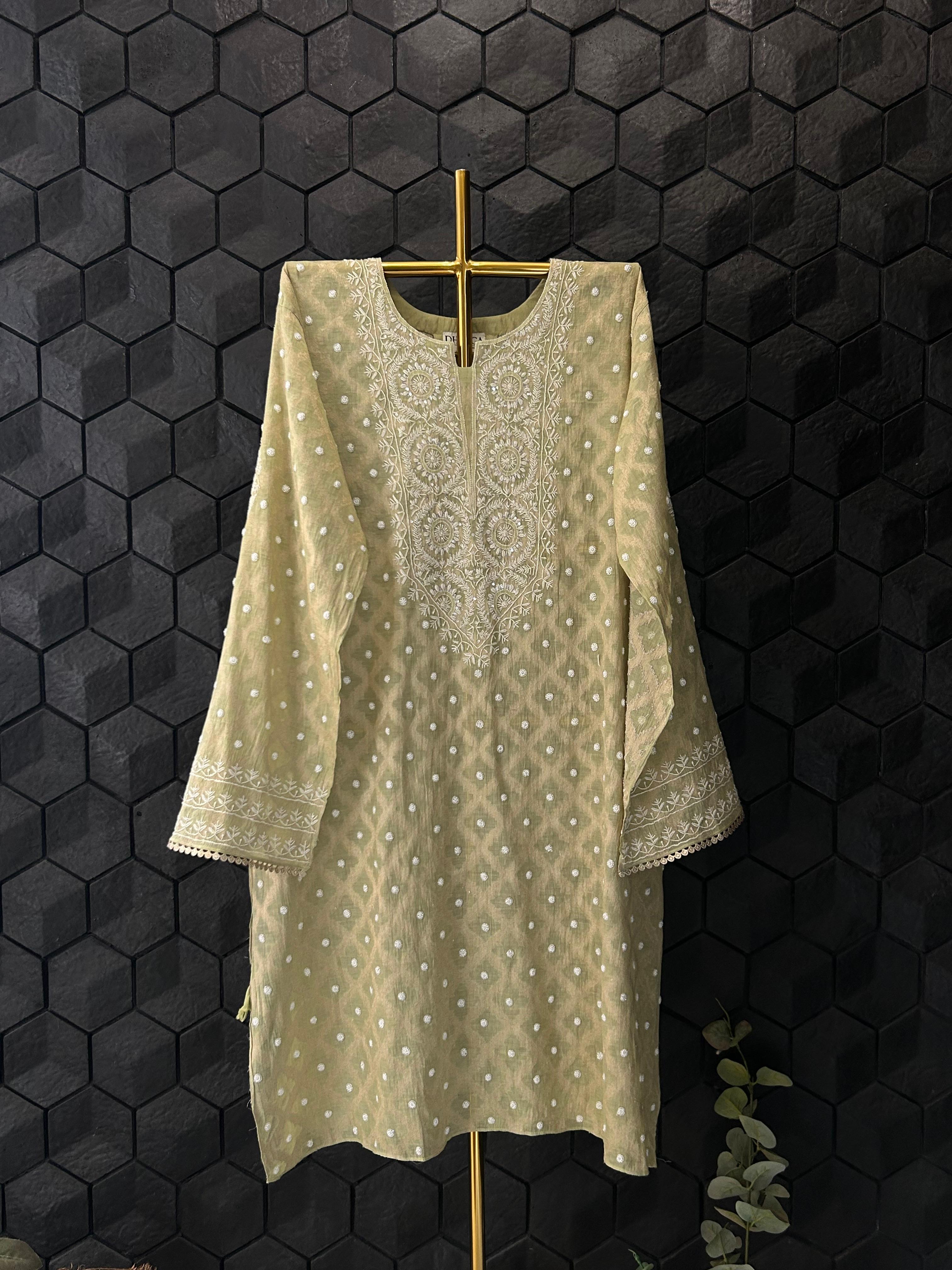 Green Golden Tissue Chikankari Co-ord Set