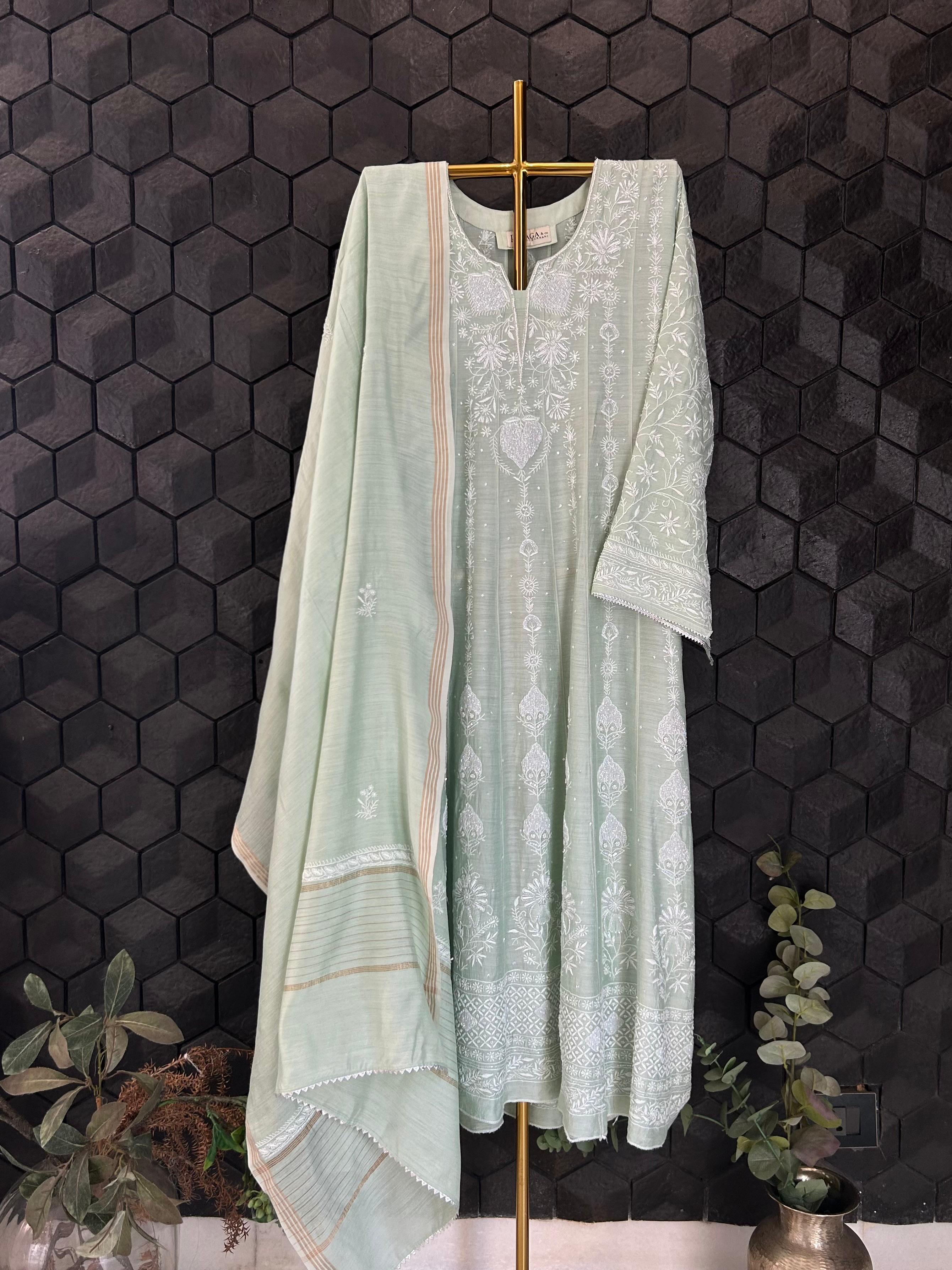 Green Munga Silk Chikankari Anarkali Set