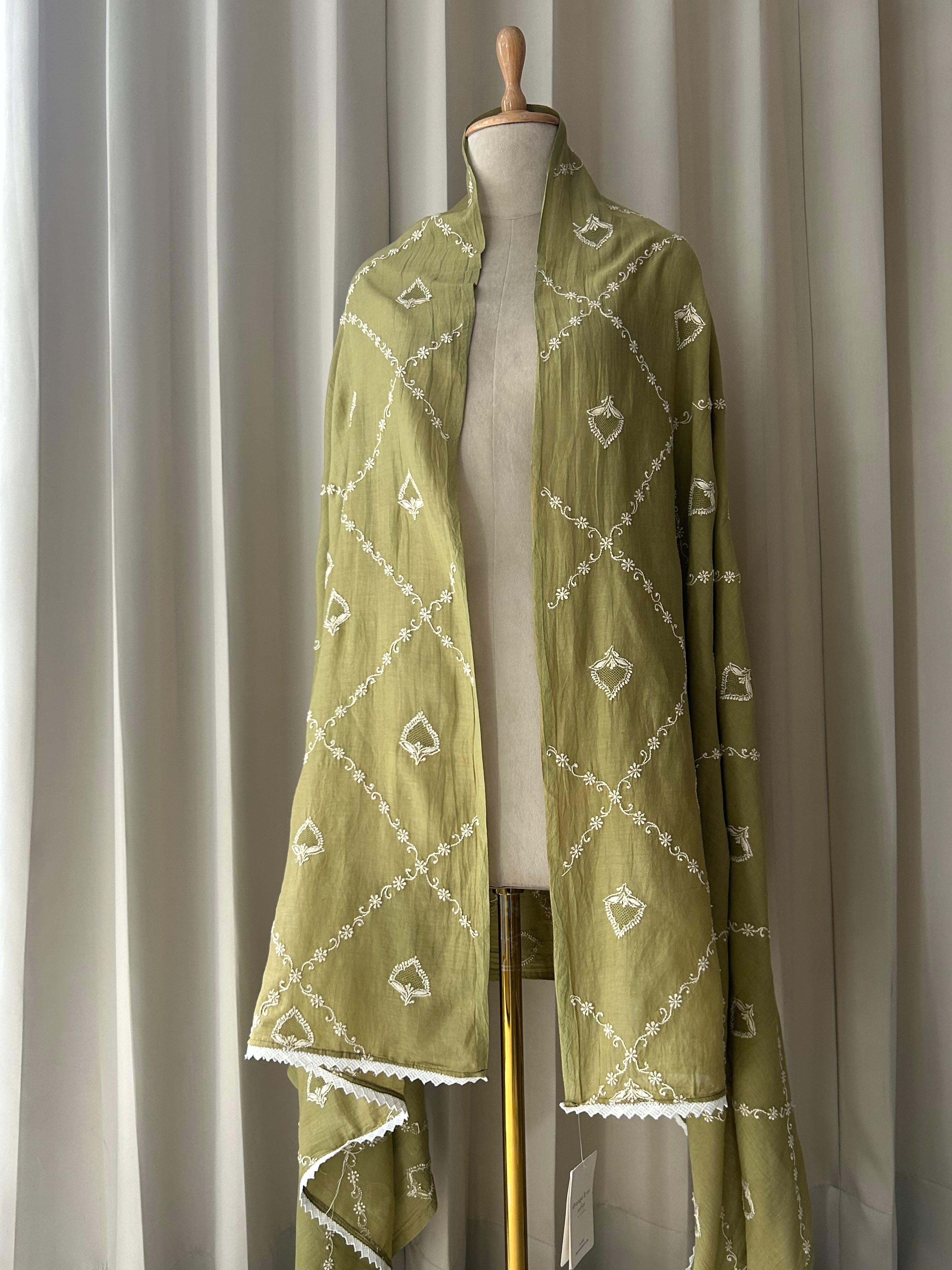 Green Mul Chanderi Chikankari Dupatta