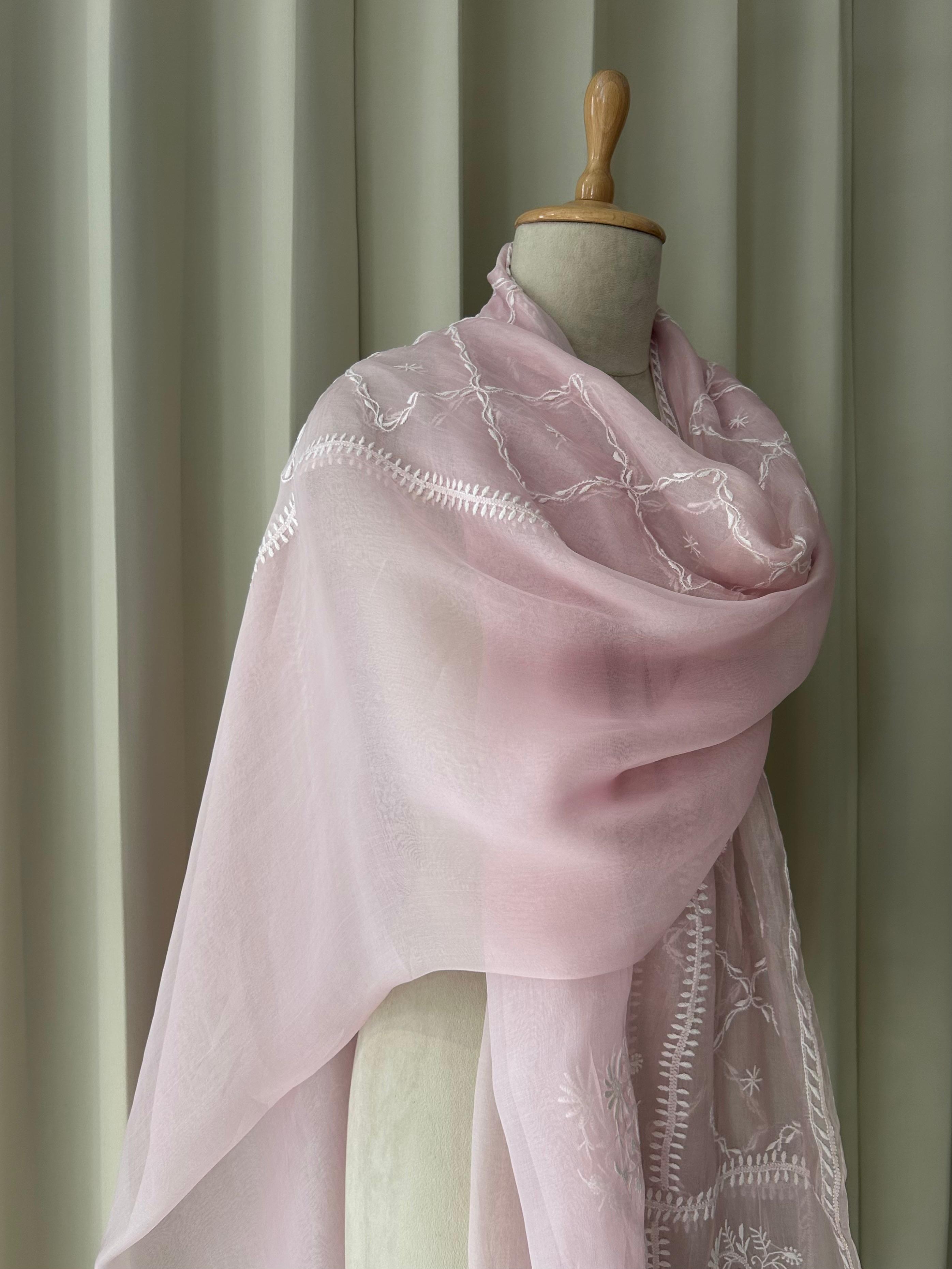 Pink Organza Chikankari Dupatta