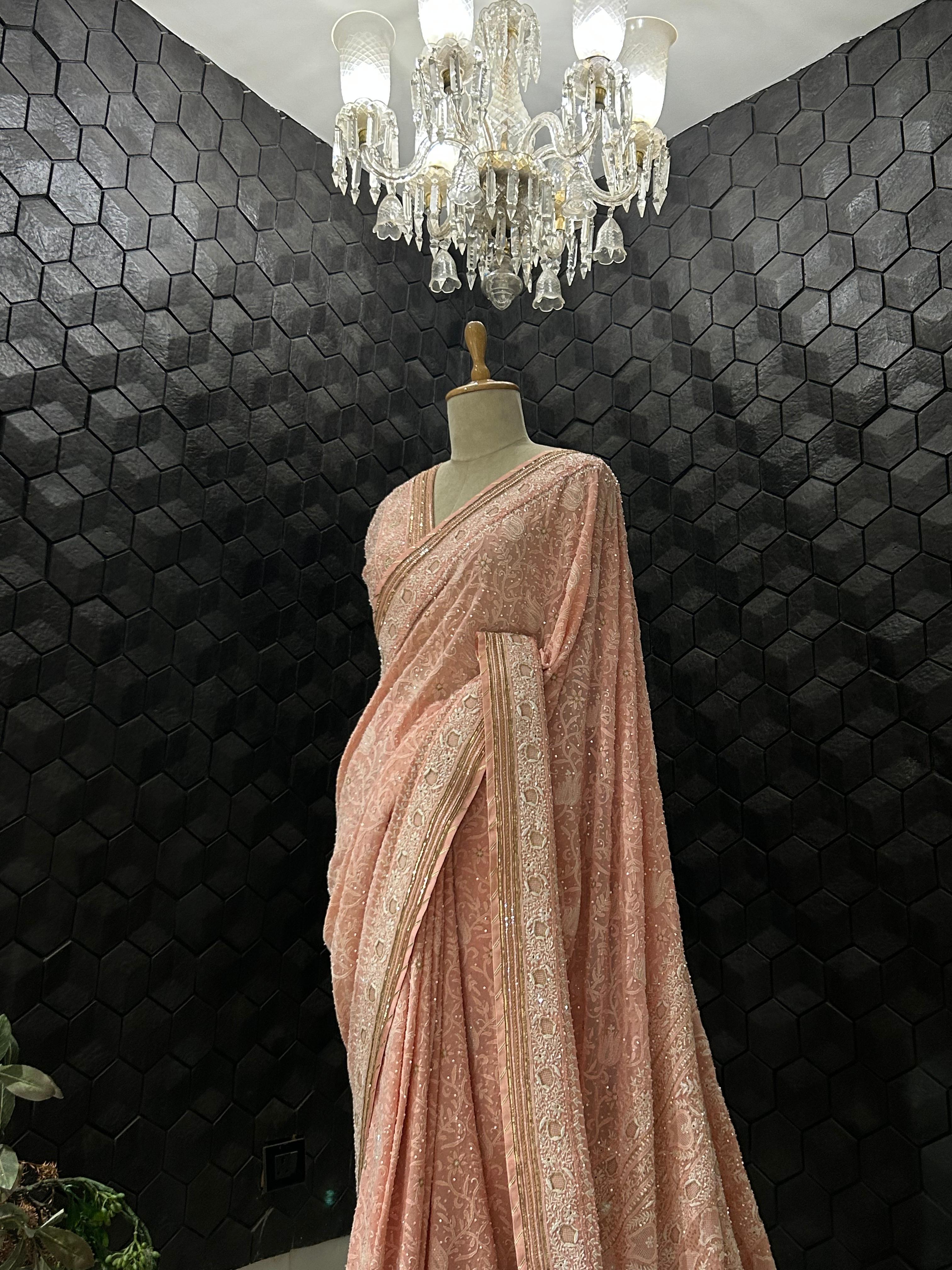 Pink ek-taar Georgette chikankari saree
