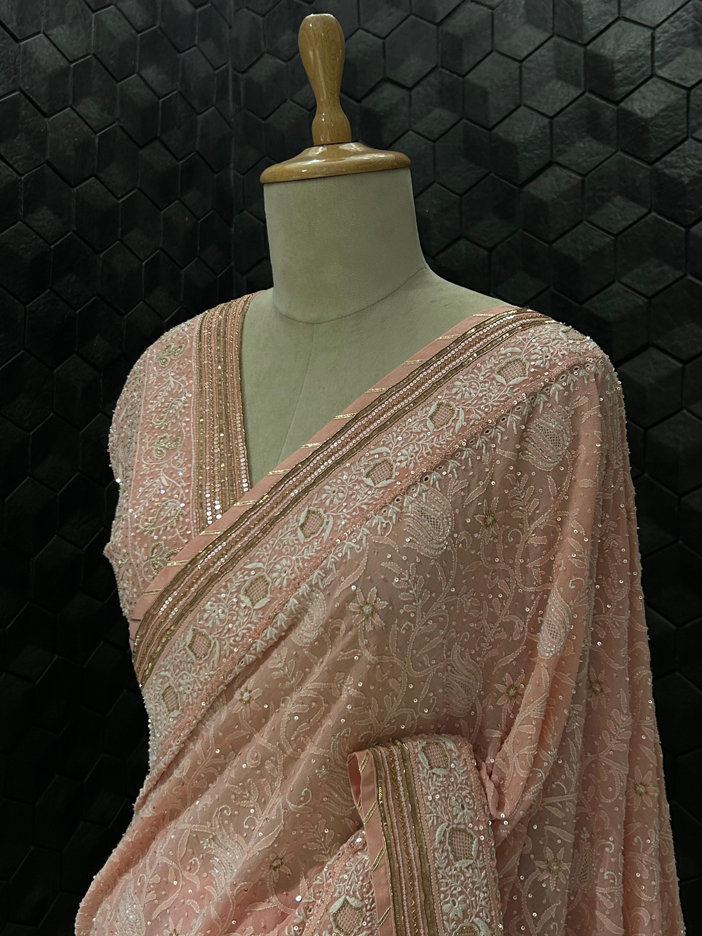 Pink ek-taar Georgette chikankari saree