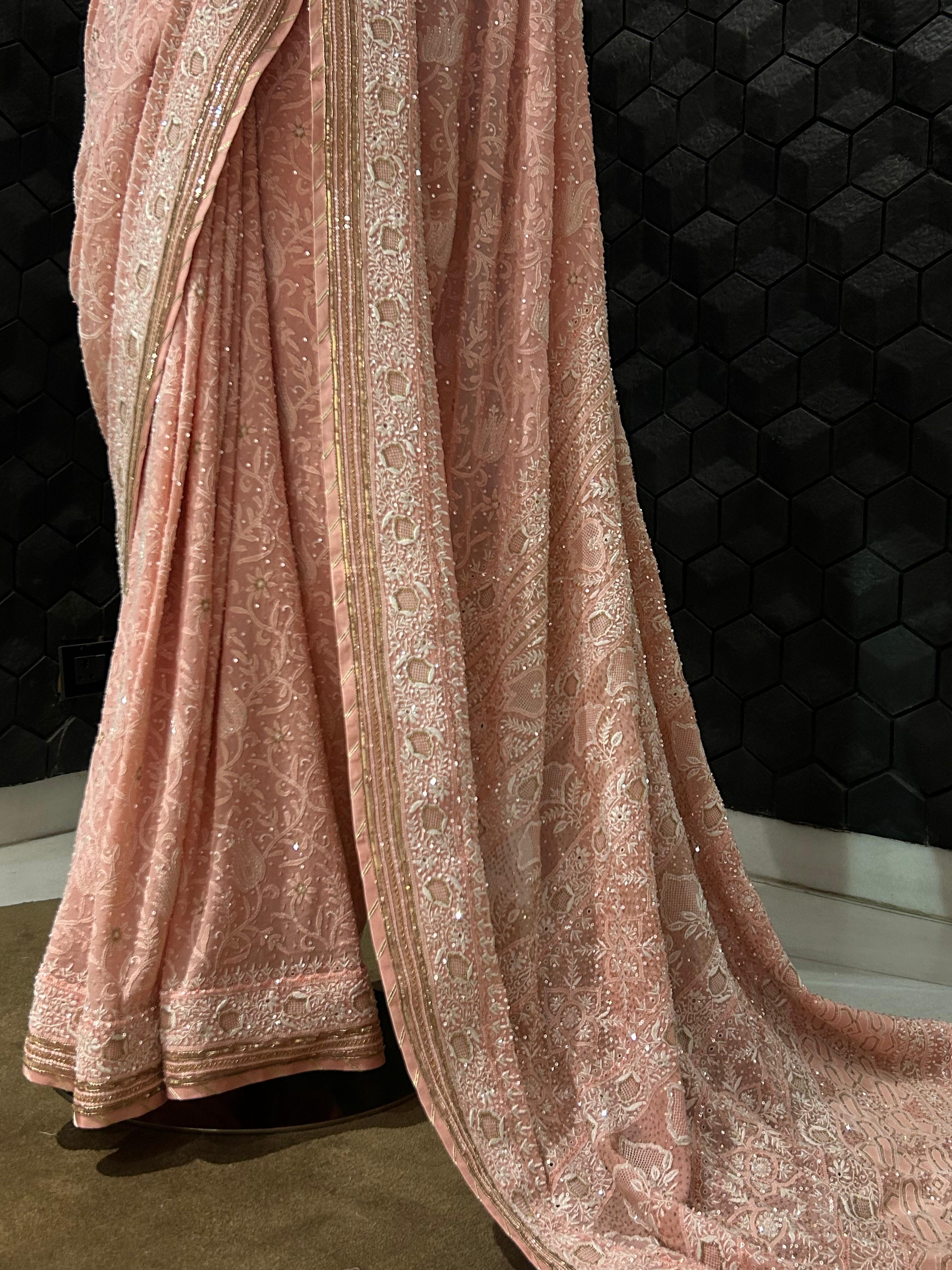 Pink ek-taar Georgette chikankari saree