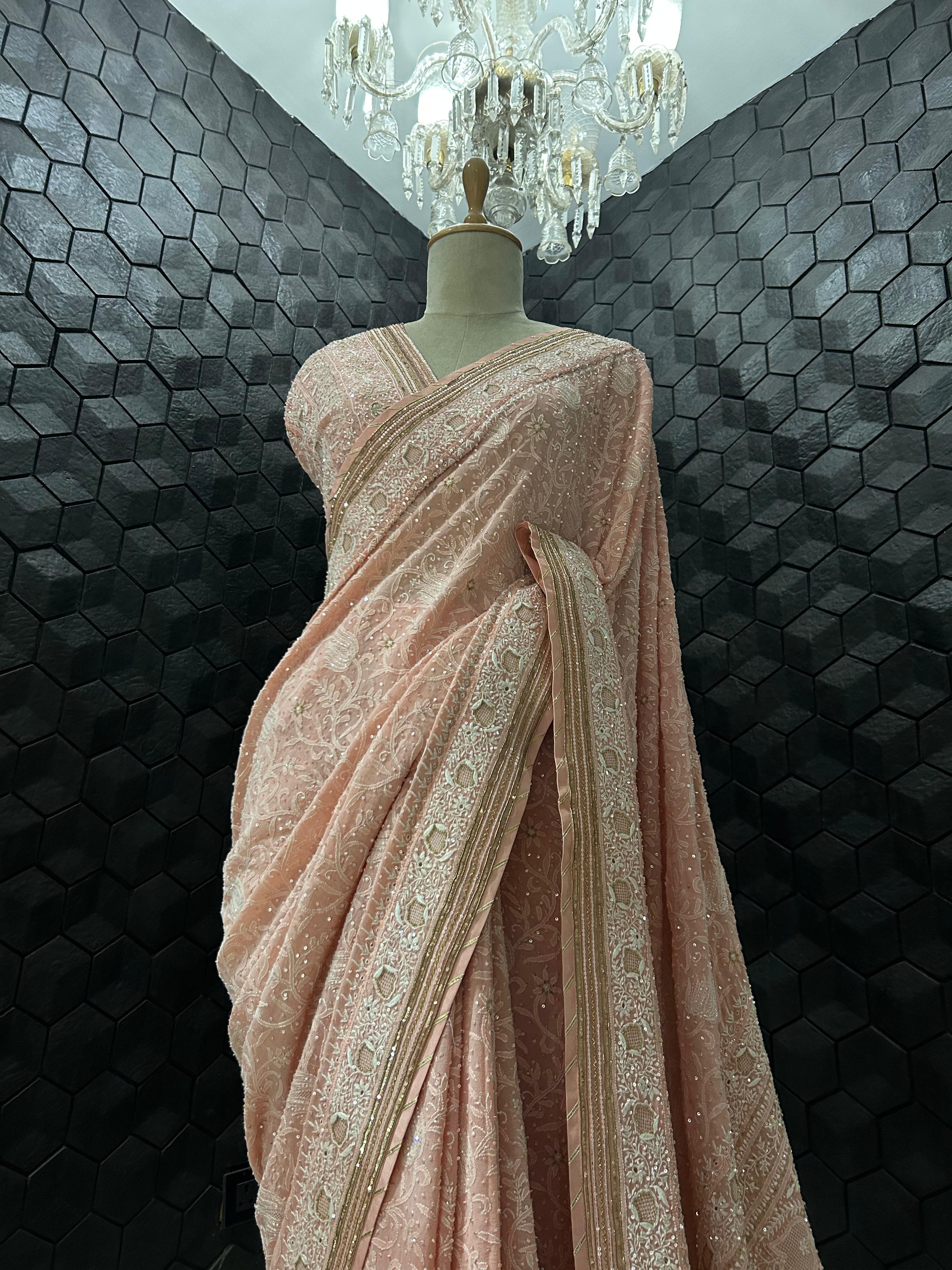 Pink ek-taar Georgette chikankari saree