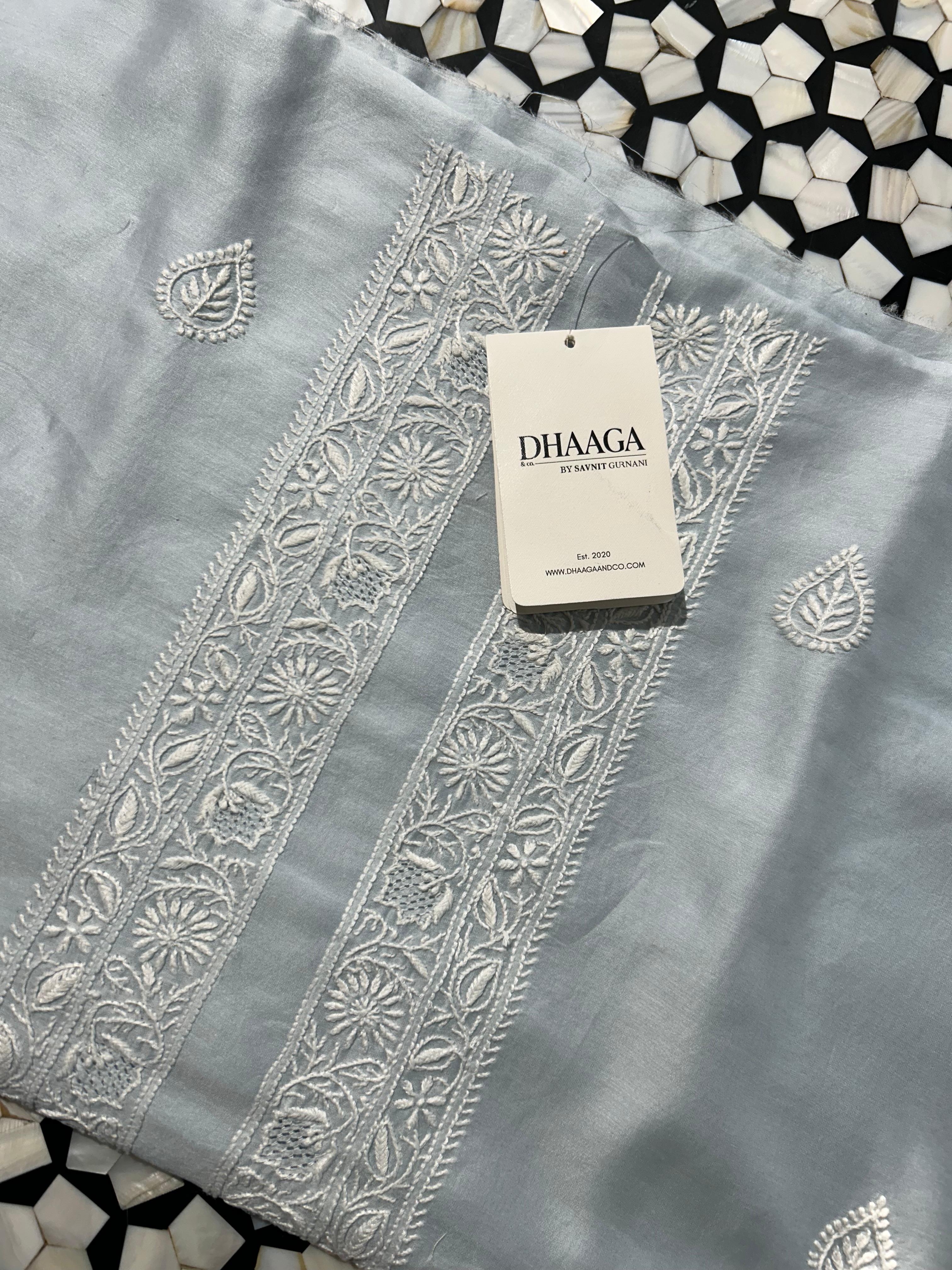 Blue Chanderi Chikankari Mens Kurta