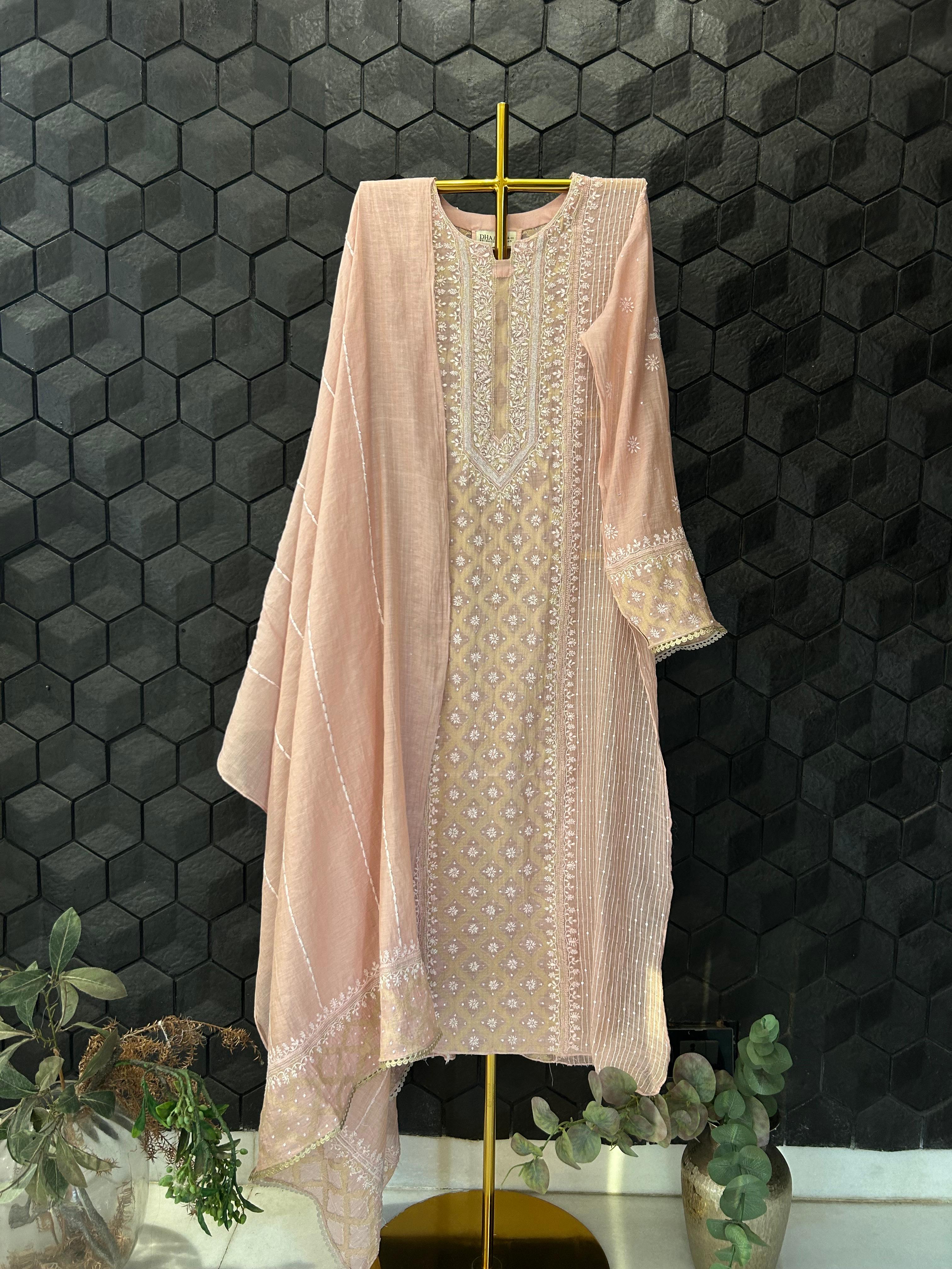 Pink Golden Tissue Chikankari Kurta Set