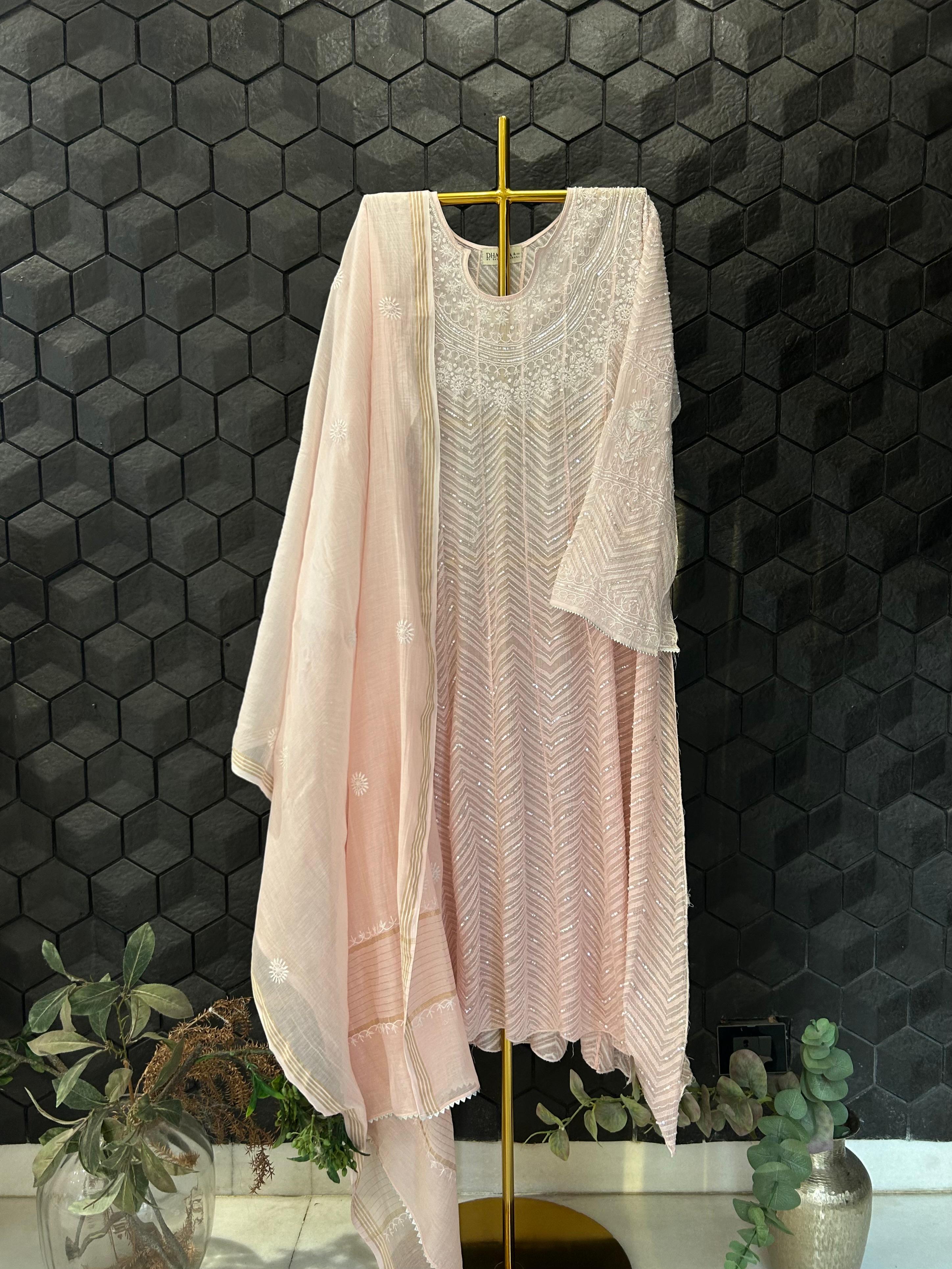 Pink Mul Chanderi Chikankari Anarkali Set