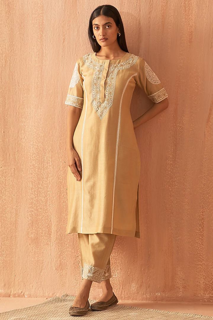 Brown Chanderi Chikankari Co-ord Set with Statement Organza Patch Work
