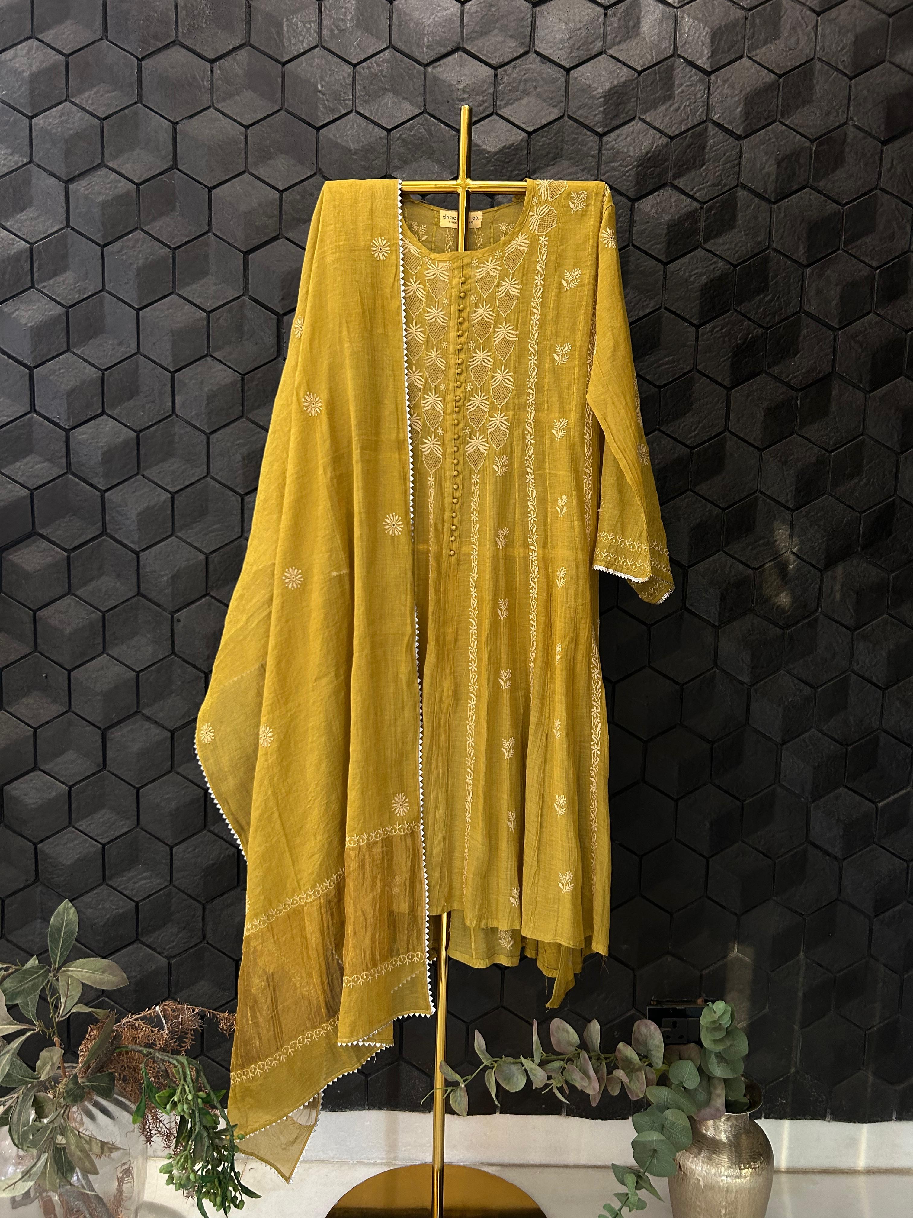 Green tissue chikankari anarkali set