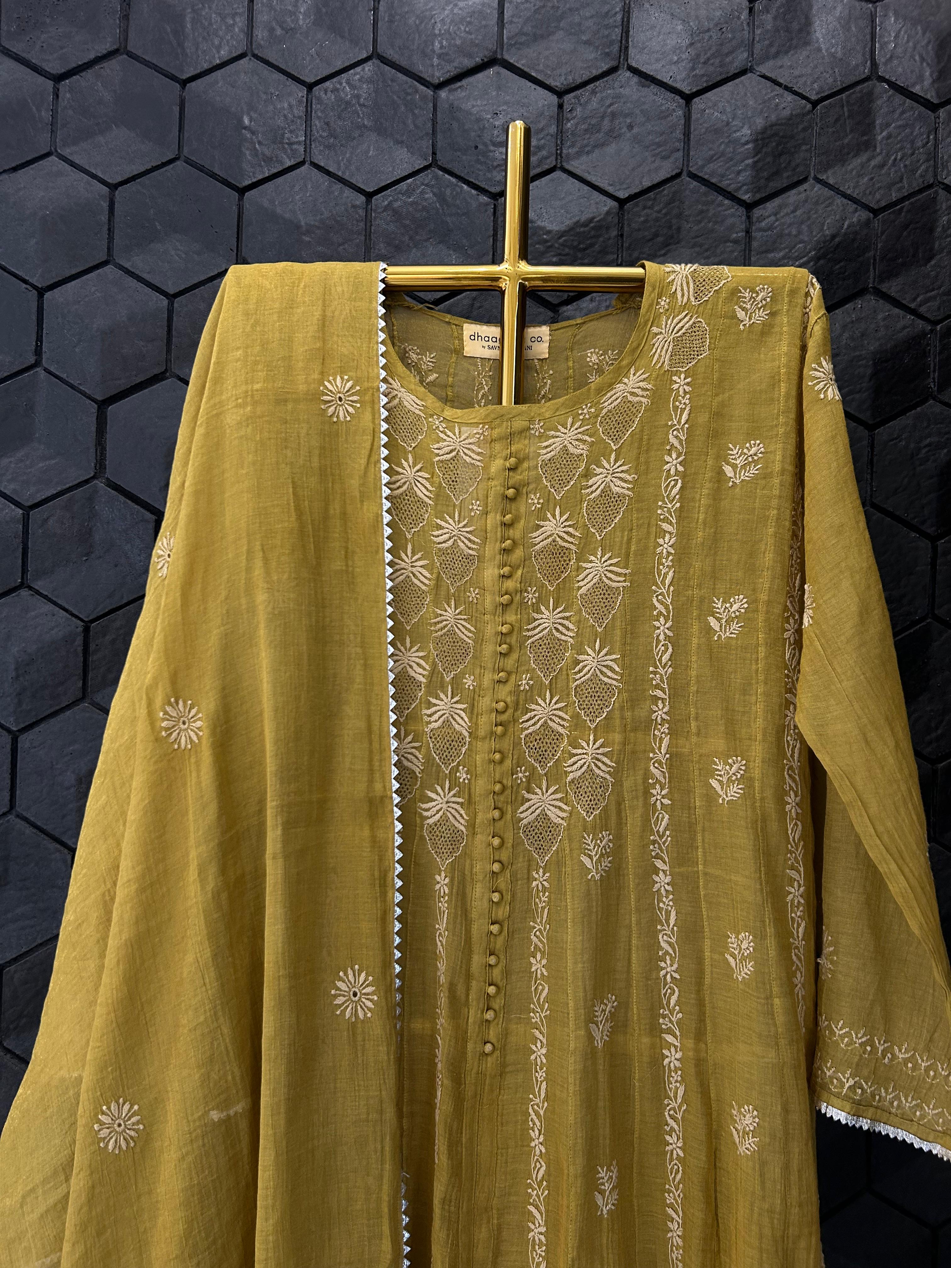 Green tissue chikankari anarkali set