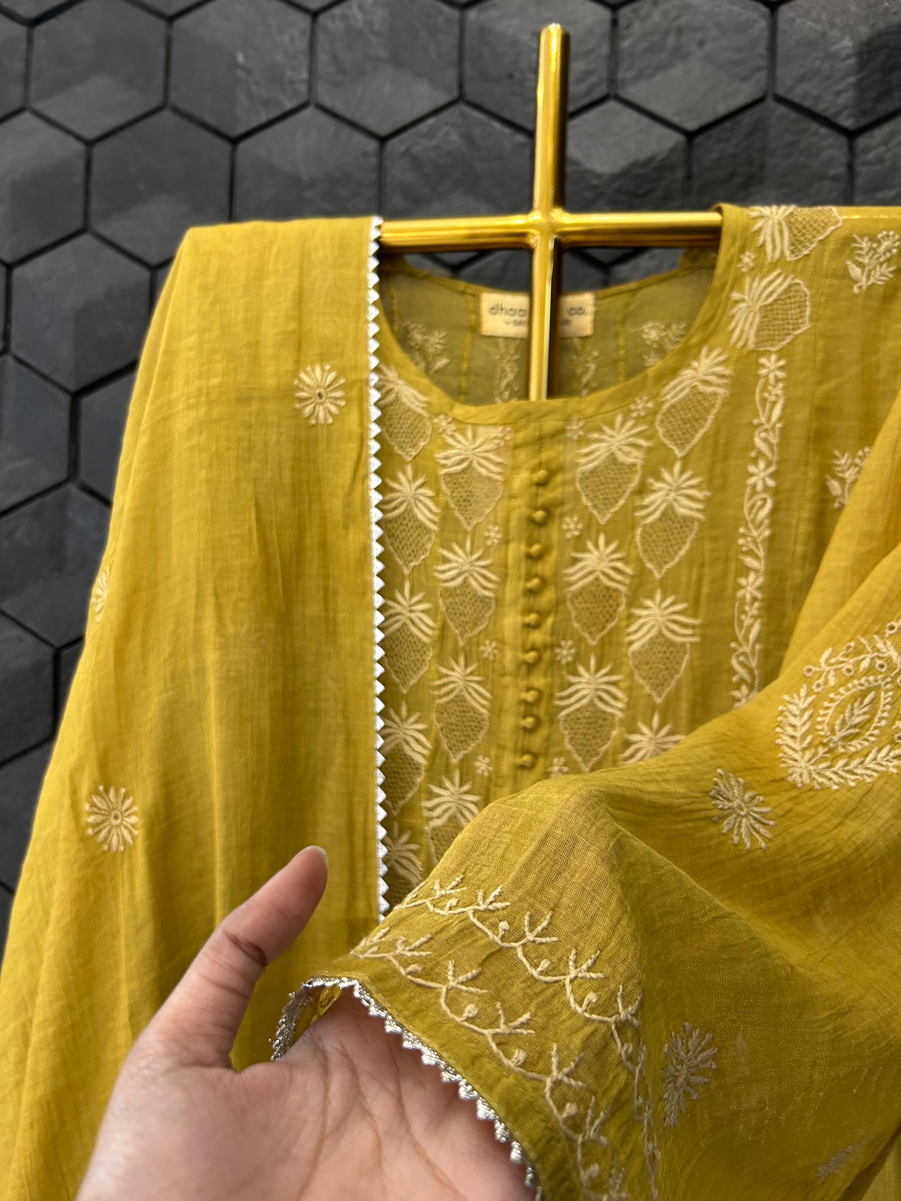 Green tissue chikankari anarkali set