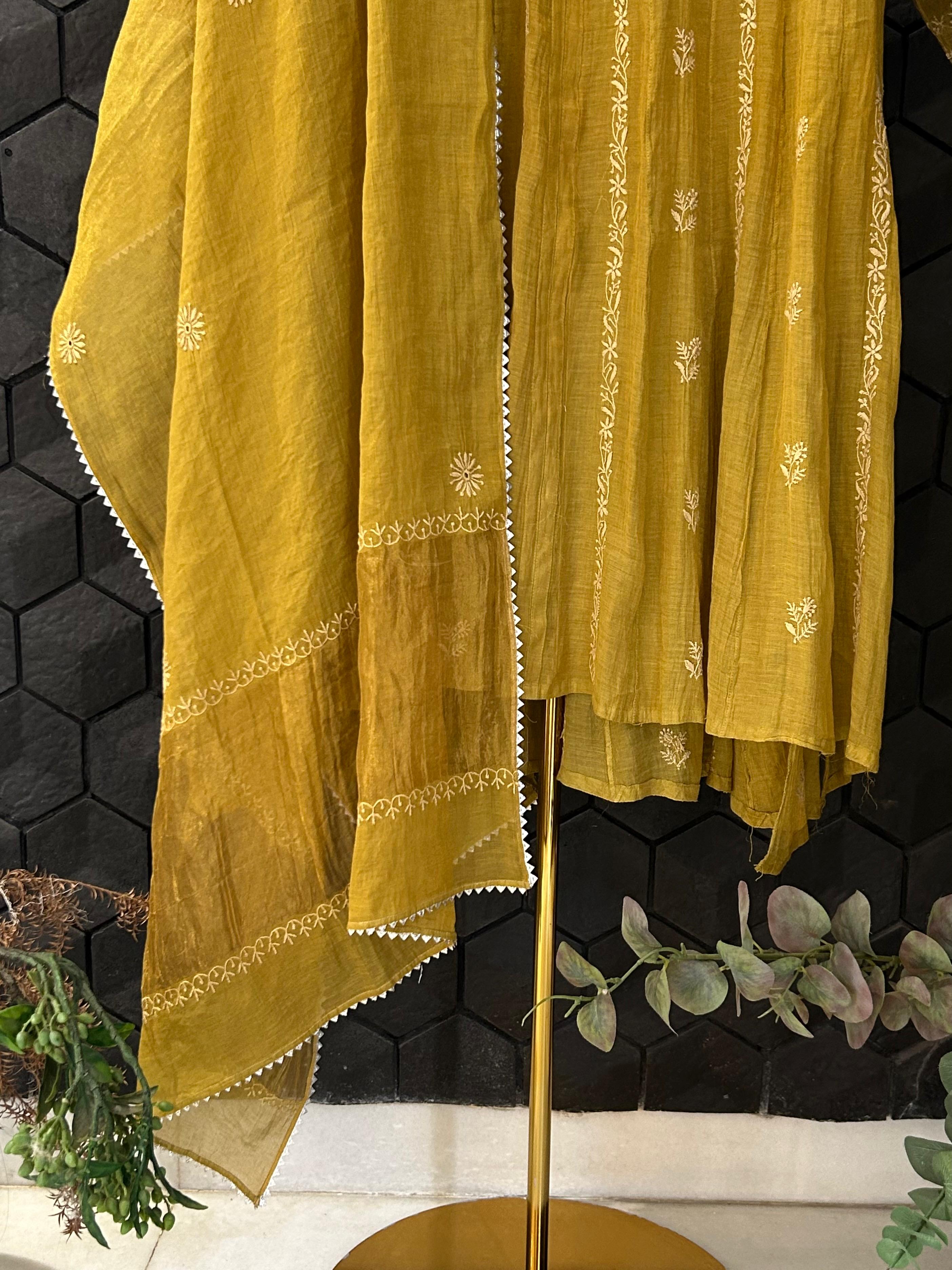 Green tissue chikankari anarkali set