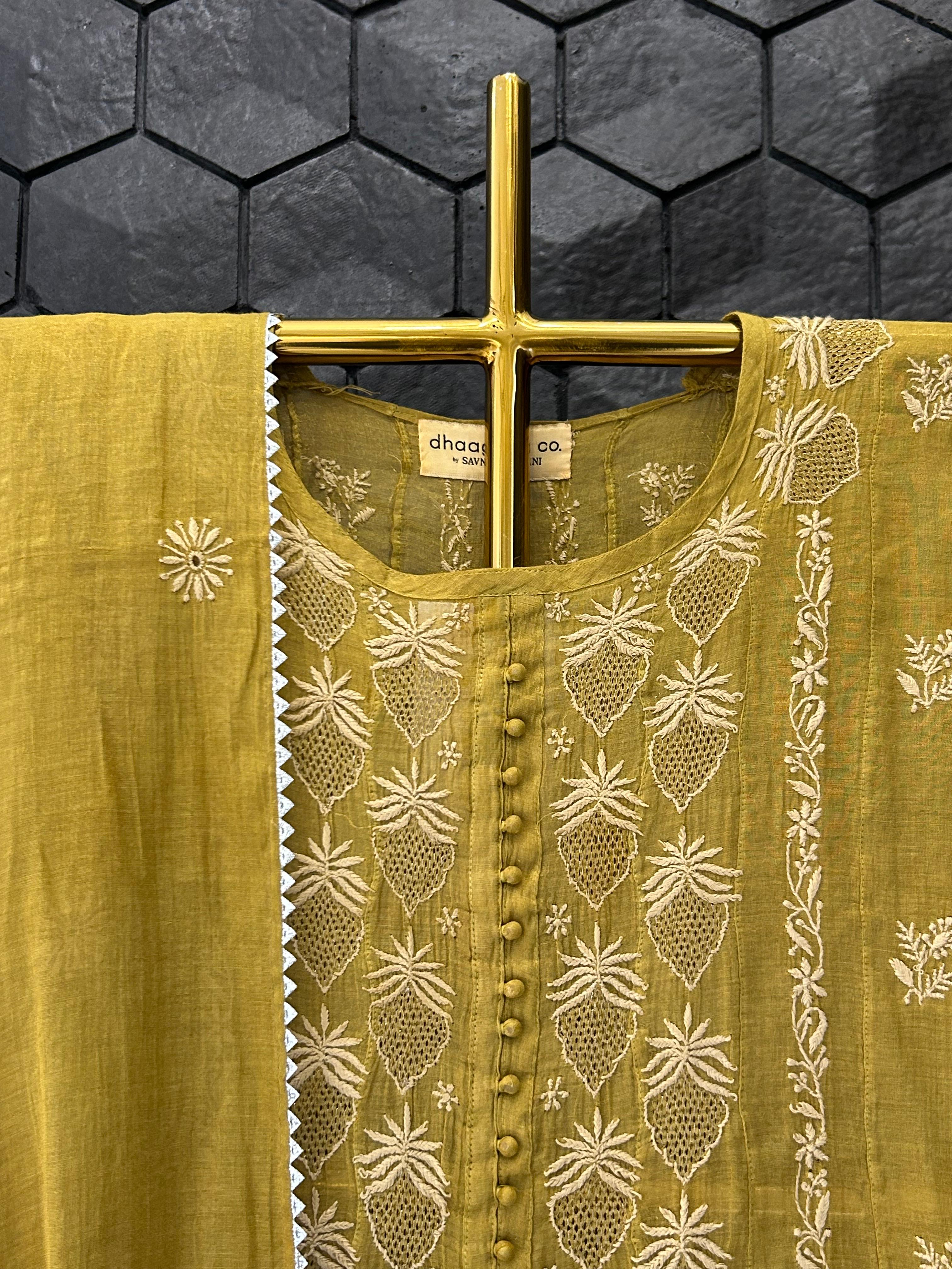 Green tissue chikankari anarkali set