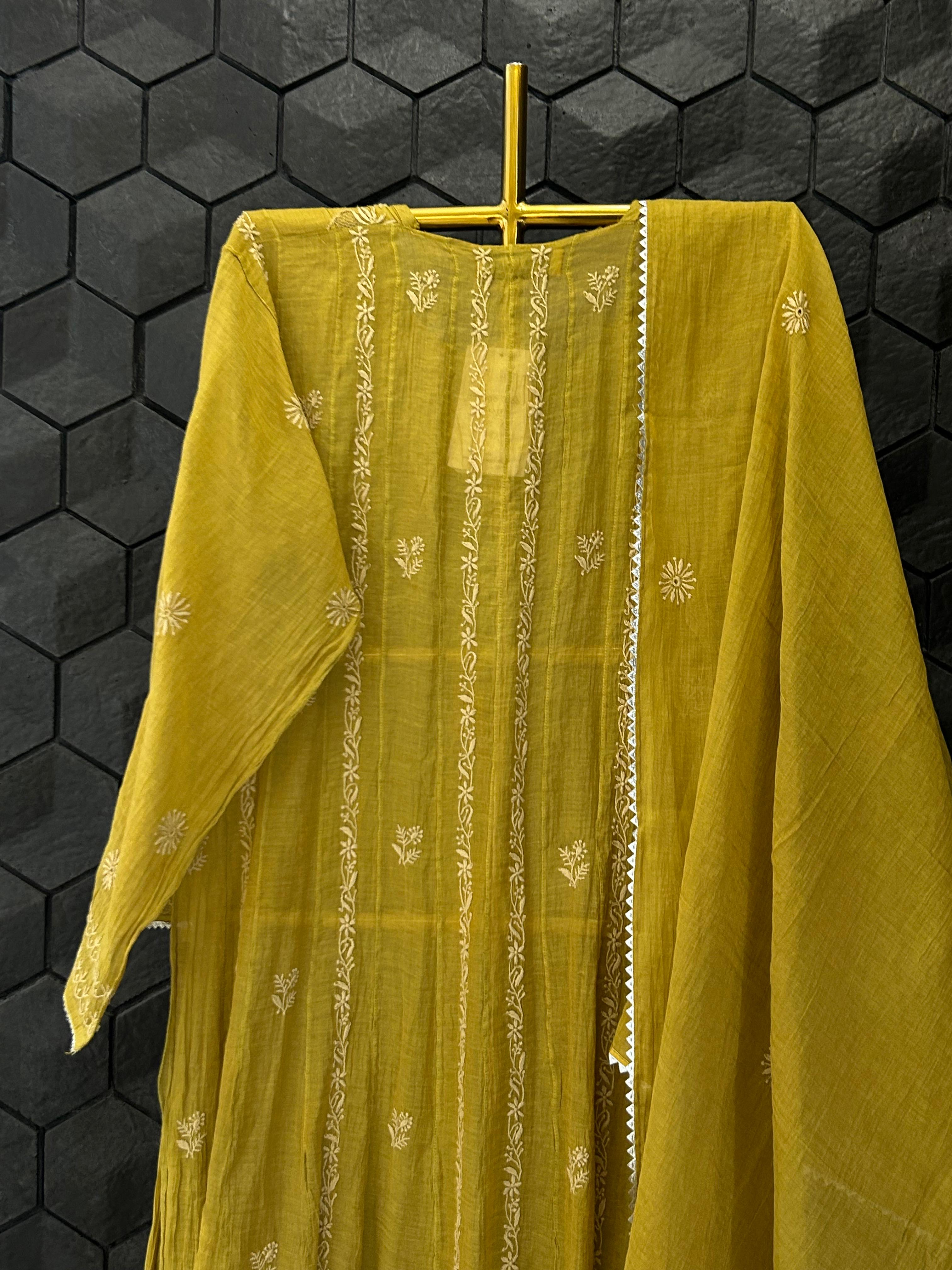 Green tissue chikankari anarkali set