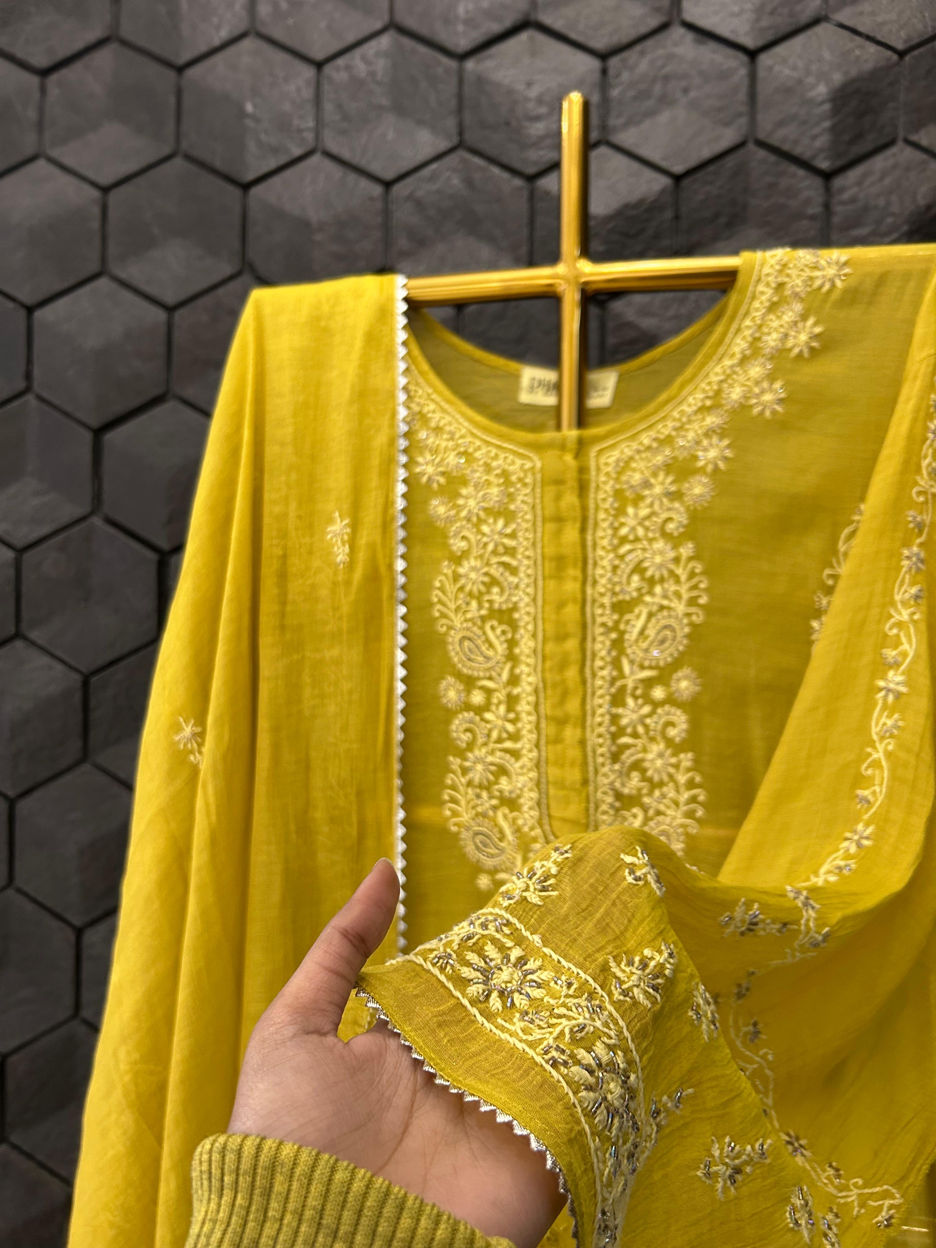 Green Zari Tissue Chikankari Kurta Set