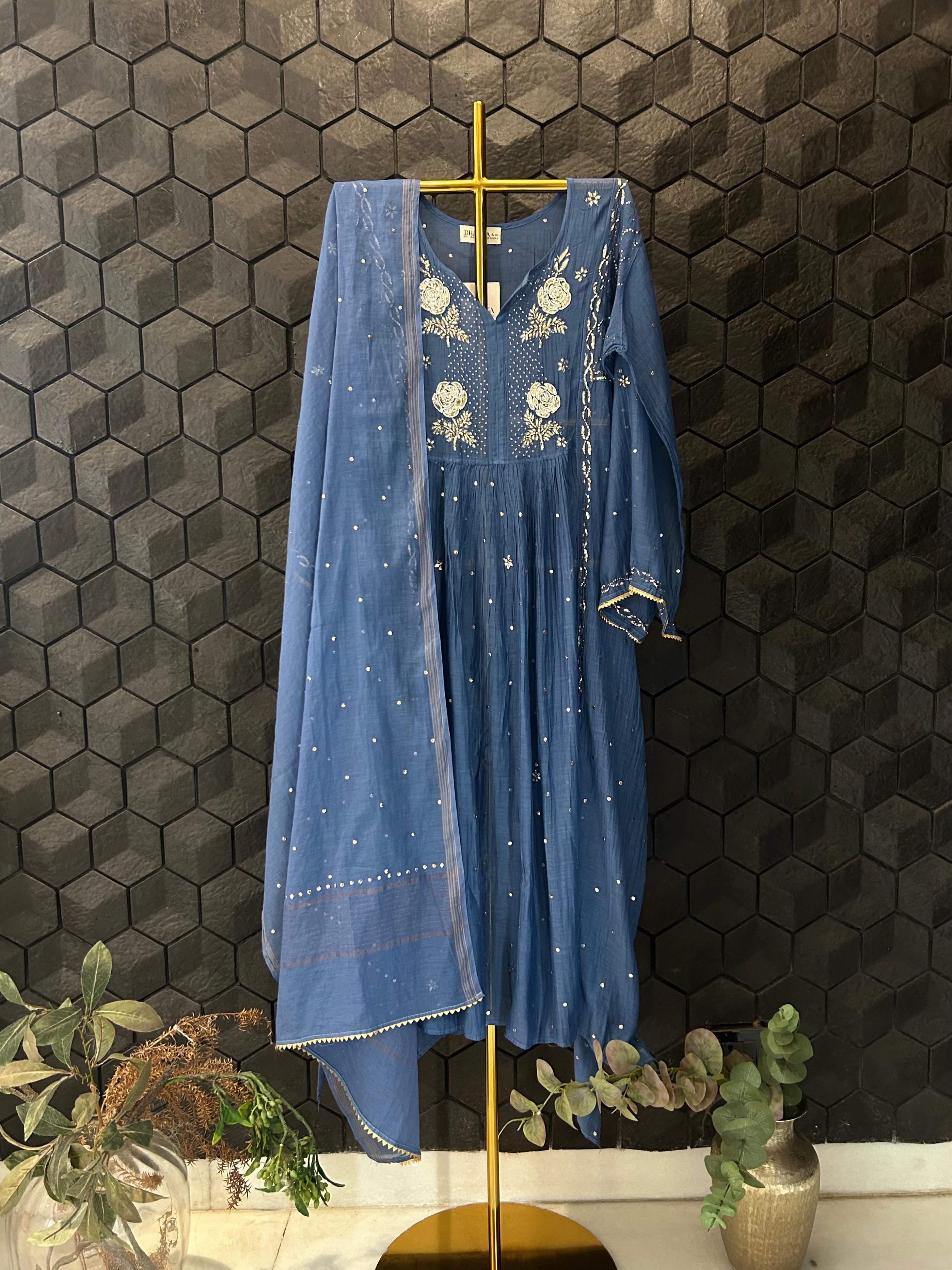 Blue Mul Chanderi Mukaish Kurta Set