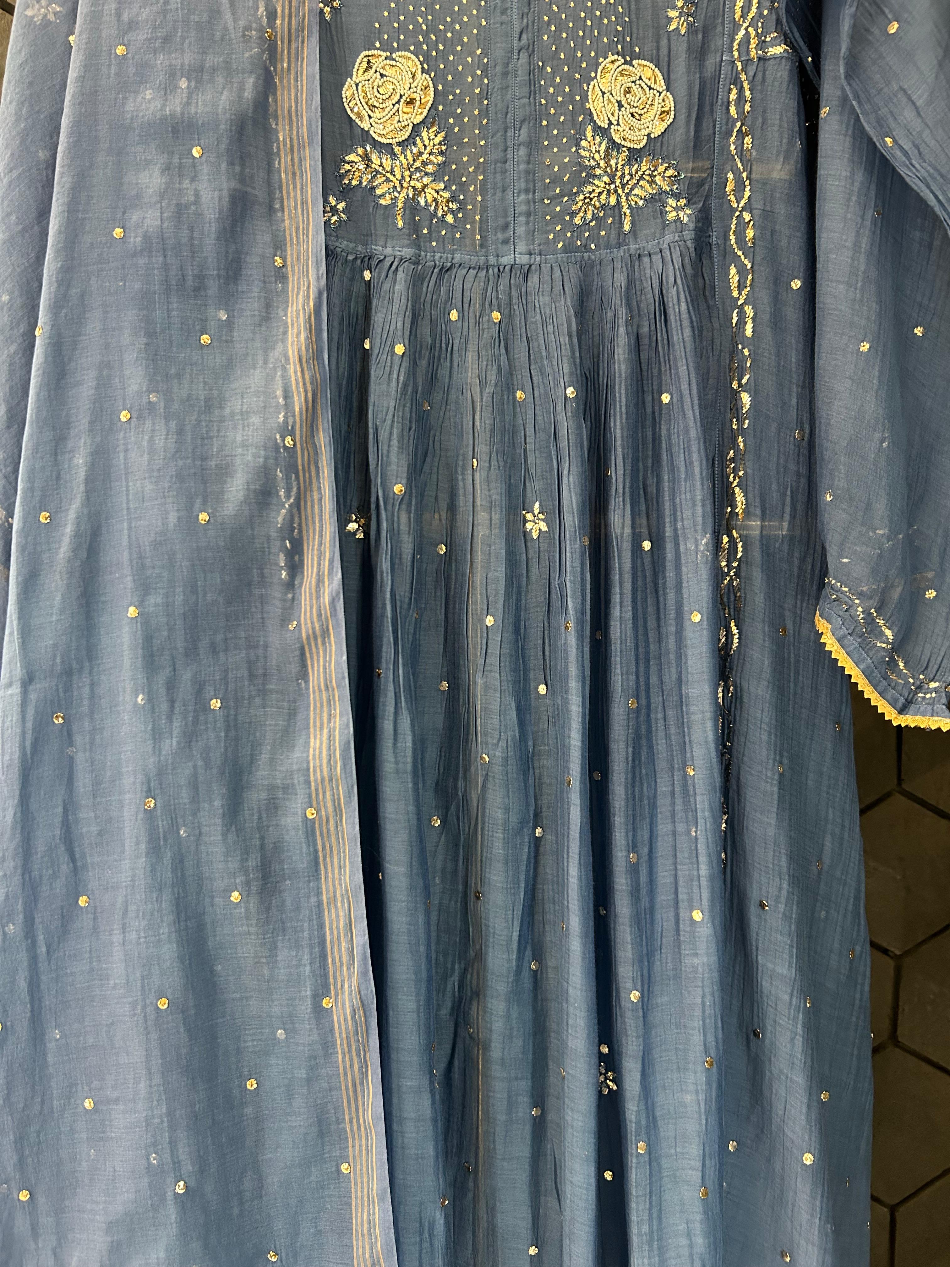 Blue Mul Chanderi Mukaish Kurta Set