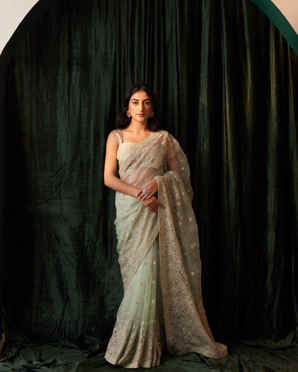 Green Organza Chikankari Saree