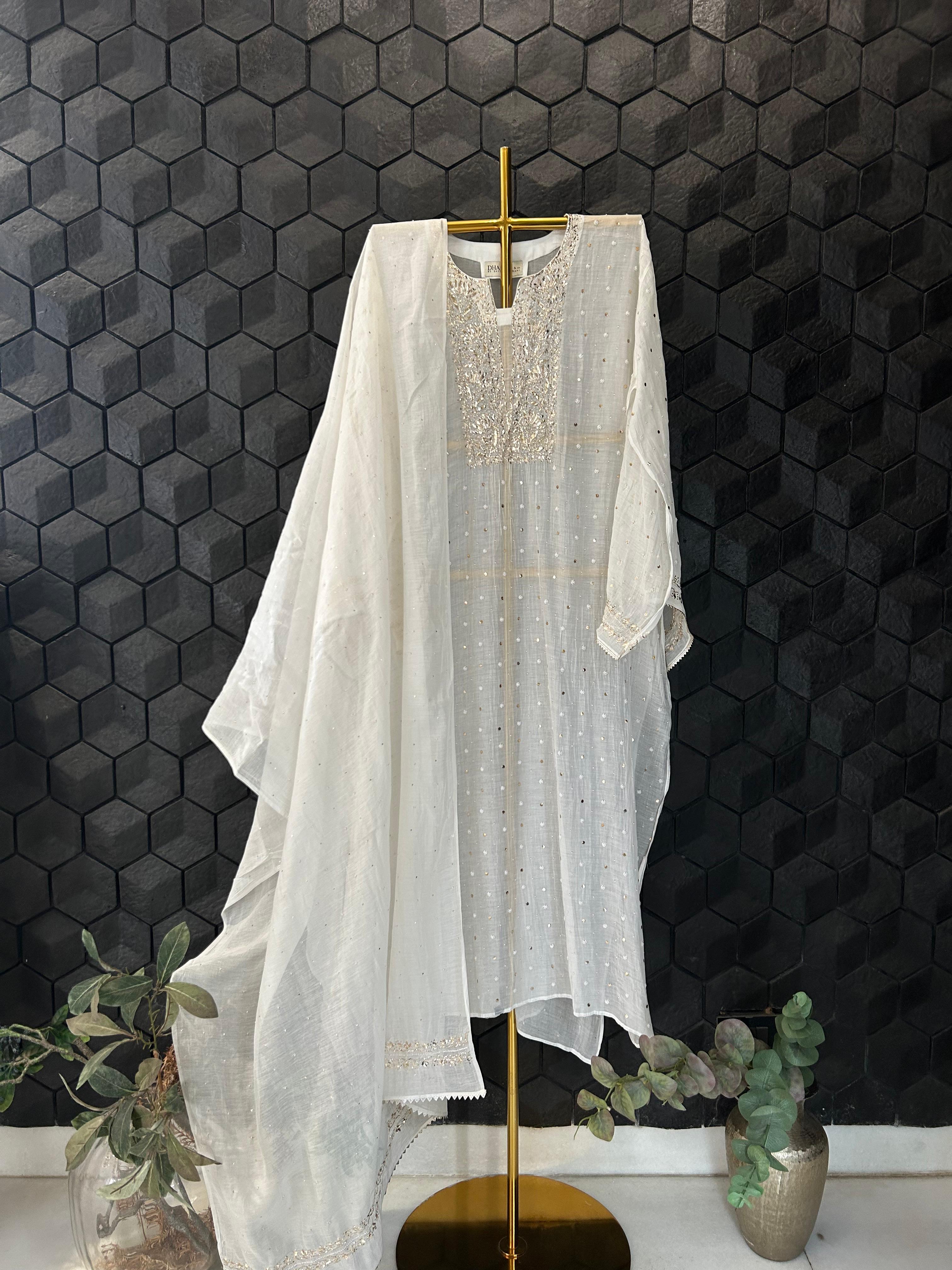 White Mul Chanderi Mukaish Kurta Set