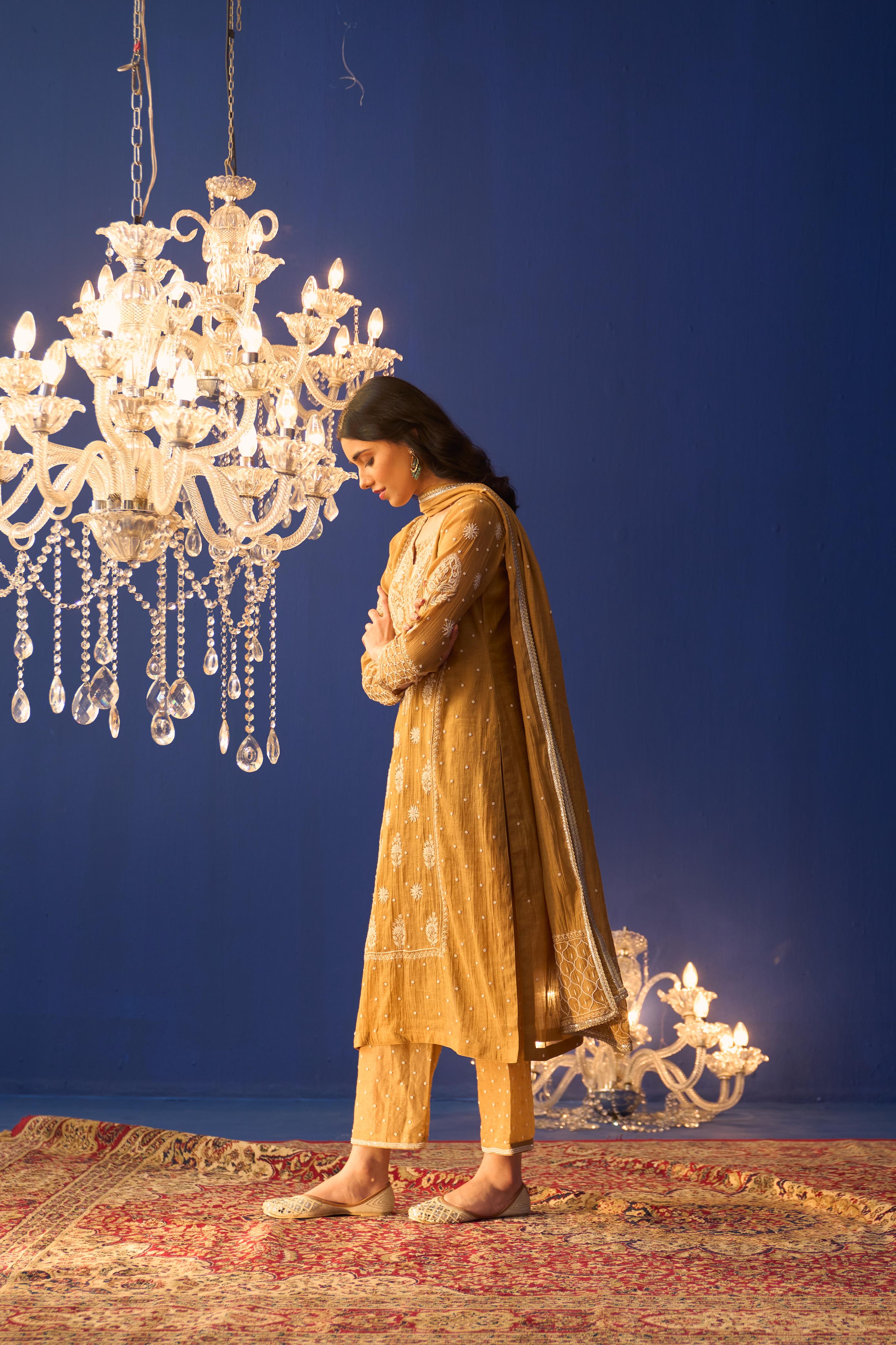 Mustard tissue chikankari kurta set