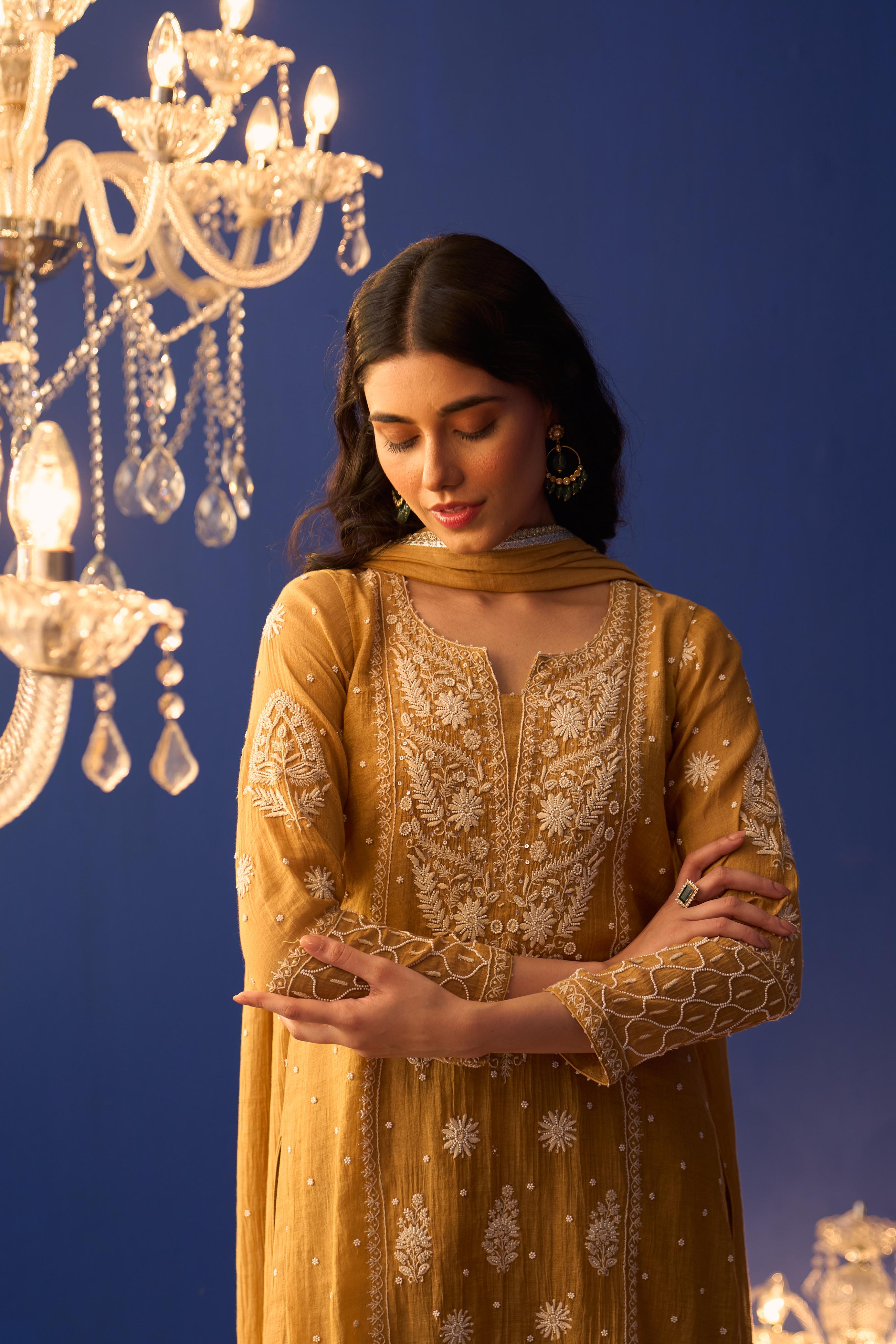 Mustard tissue chikankari kurta set